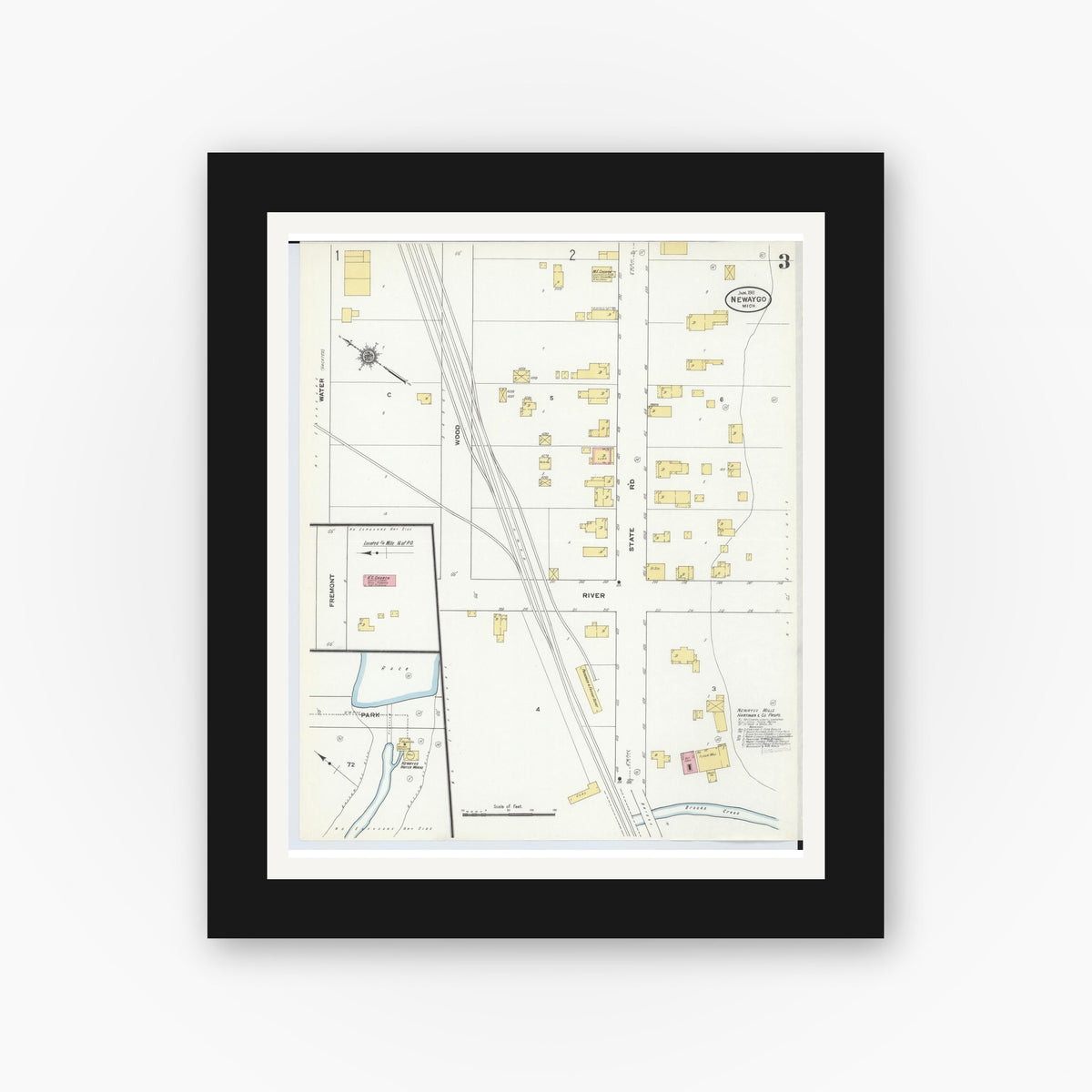 Old map wall art mockup — black gallery frame with white mat — Sanborn Fire Insurance Map from Newaygo, Newaygo County, Michigan (1911), Sheet #0003