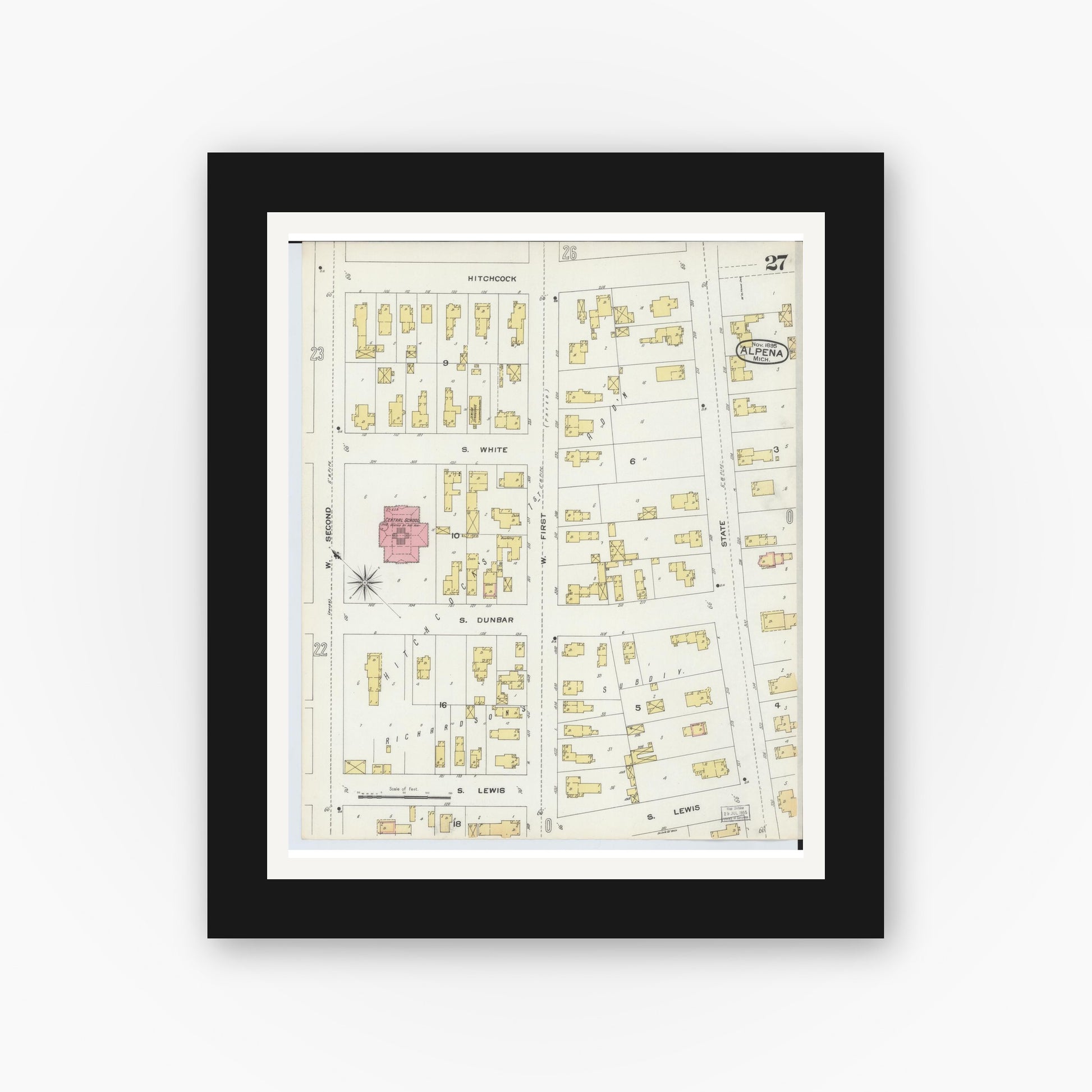Old map wall art mockup — black gallery frame with white mat — Sanborn Fire Insurance Map from Alpena, Alpena County, Michigan (1895), Sheet #0027
