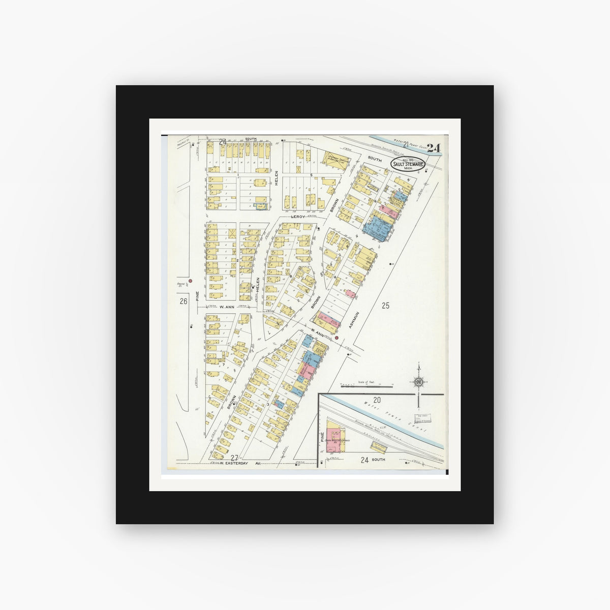Old map wall art mockup — black gallery frame with white mat — Sanborn Fire Insurance Map from Sault Sainte Marie, Chippewa County, Michigan (1915), Sheet #0024