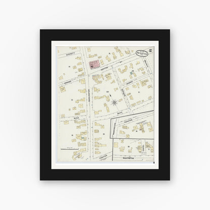 Old map wall art mockup — black gallery frame with white mat — Sanborn Fire Insurance Map from Abington, Plymouth County, Massachusetts (1891), Sheet #0002