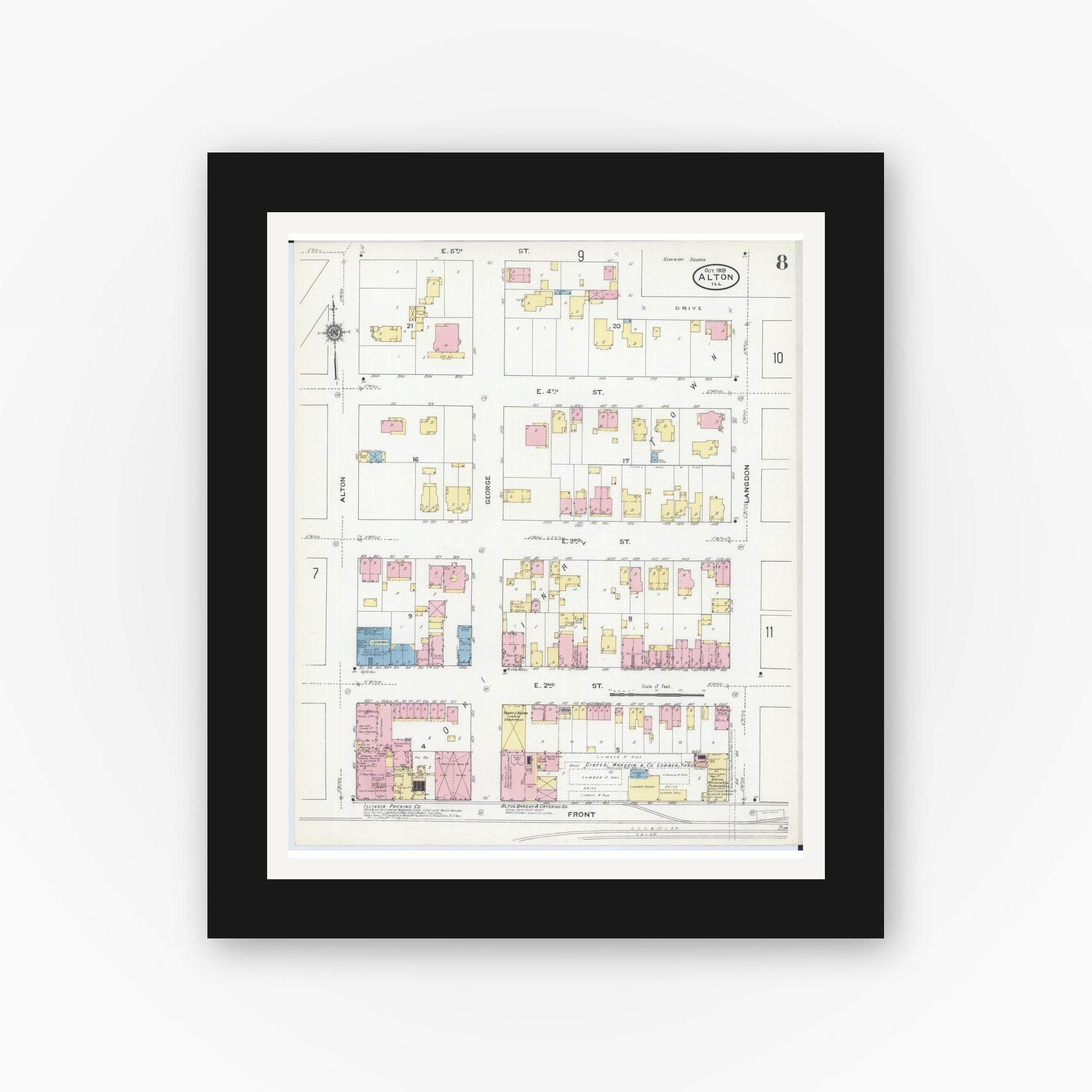Old map wall art mockup — black gallery frame with white mat — Sanborn Fire Insurance Map from Alton, Madison County, Illinois (1909), Sheet #0008