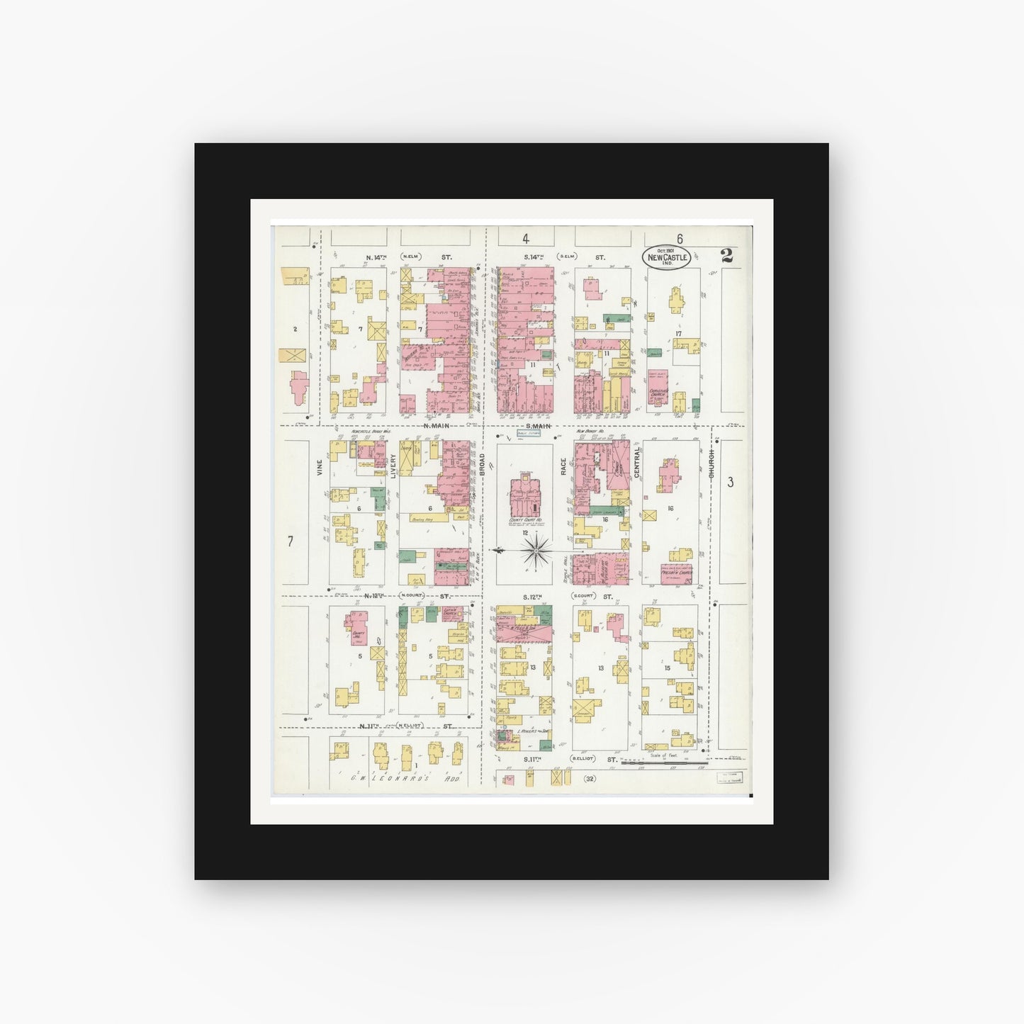 Old map wall art mockup — black gallery frame with white mat — Sanborn Fire Insurance Map from New Castle, Henry County, Indiana (1901), Sheet #0002