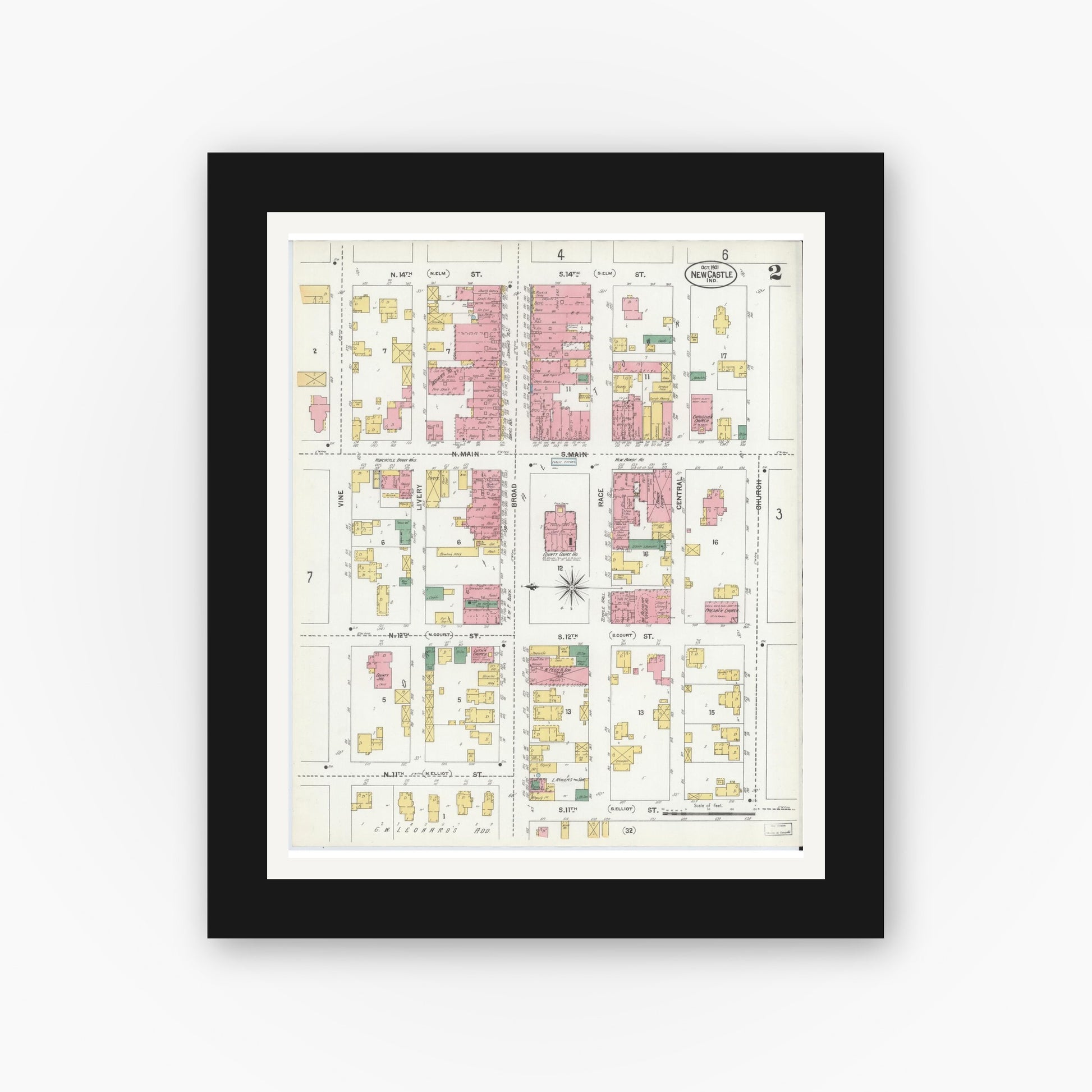 Old map wall art mockup — black gallery frame with white mat — Sanborn Fire Insurance Map from New Castle, Henry County, Indiana (1901), Sheet #0002