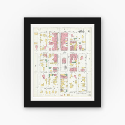 Old map wall art mockup — black gallery frame with white mat — Sanborn Fire Insurance Map from New Castle, Henry County, Indiana (1901), Sheet #0002