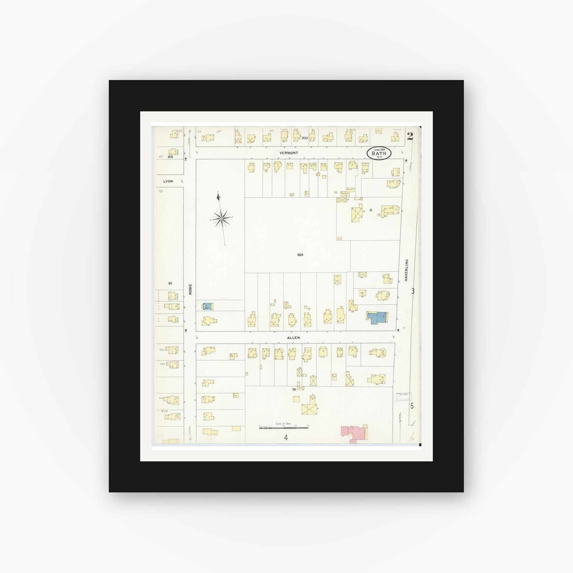 Old map wall art mockup — black gallery frame with white mat — Sanborn Fire Insurance Map from Bath, Steuben County, New York (1909) - Complete Map Set