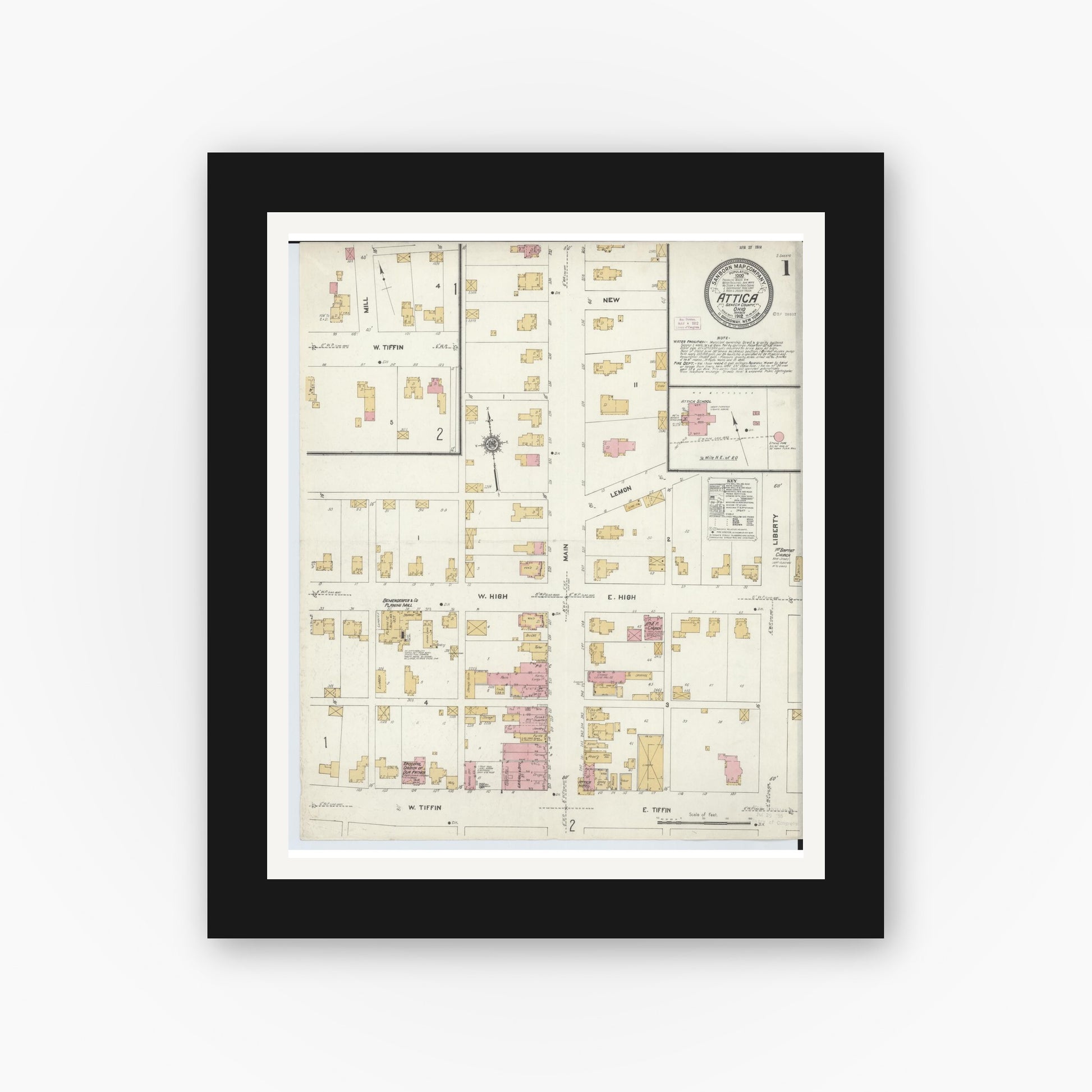 Old map wall art mockup — black gallery frame with white mat — Sanborn Fire Insurance Map from Attica, Seneca County, Ohio (1912) - Complete Map Set