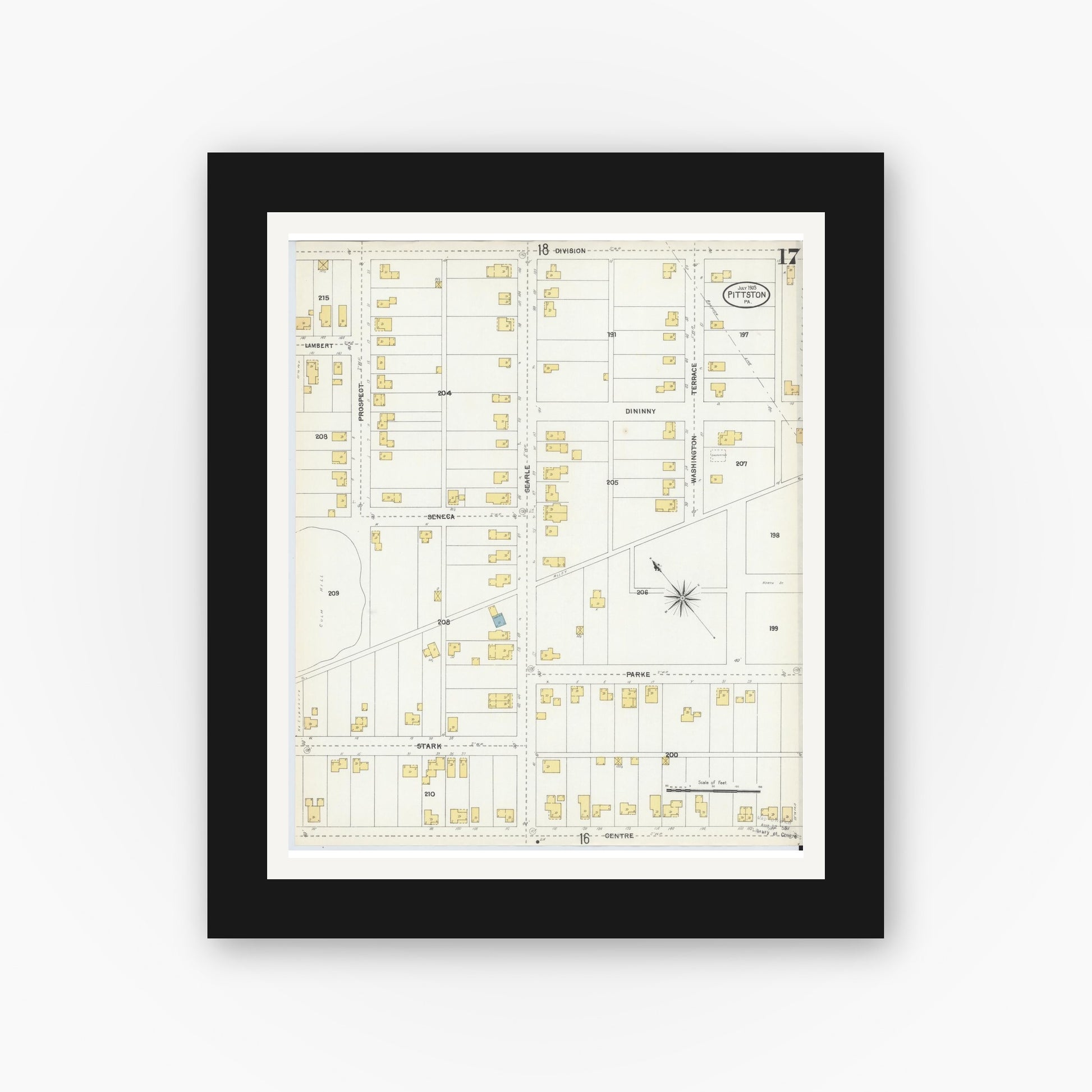 Old map wall art mockup — black gallery frame with white mat — Sanborn Fire Insurance Map from Pittston, Luzerne County, Pennsylvania (1903), Sheet #0017