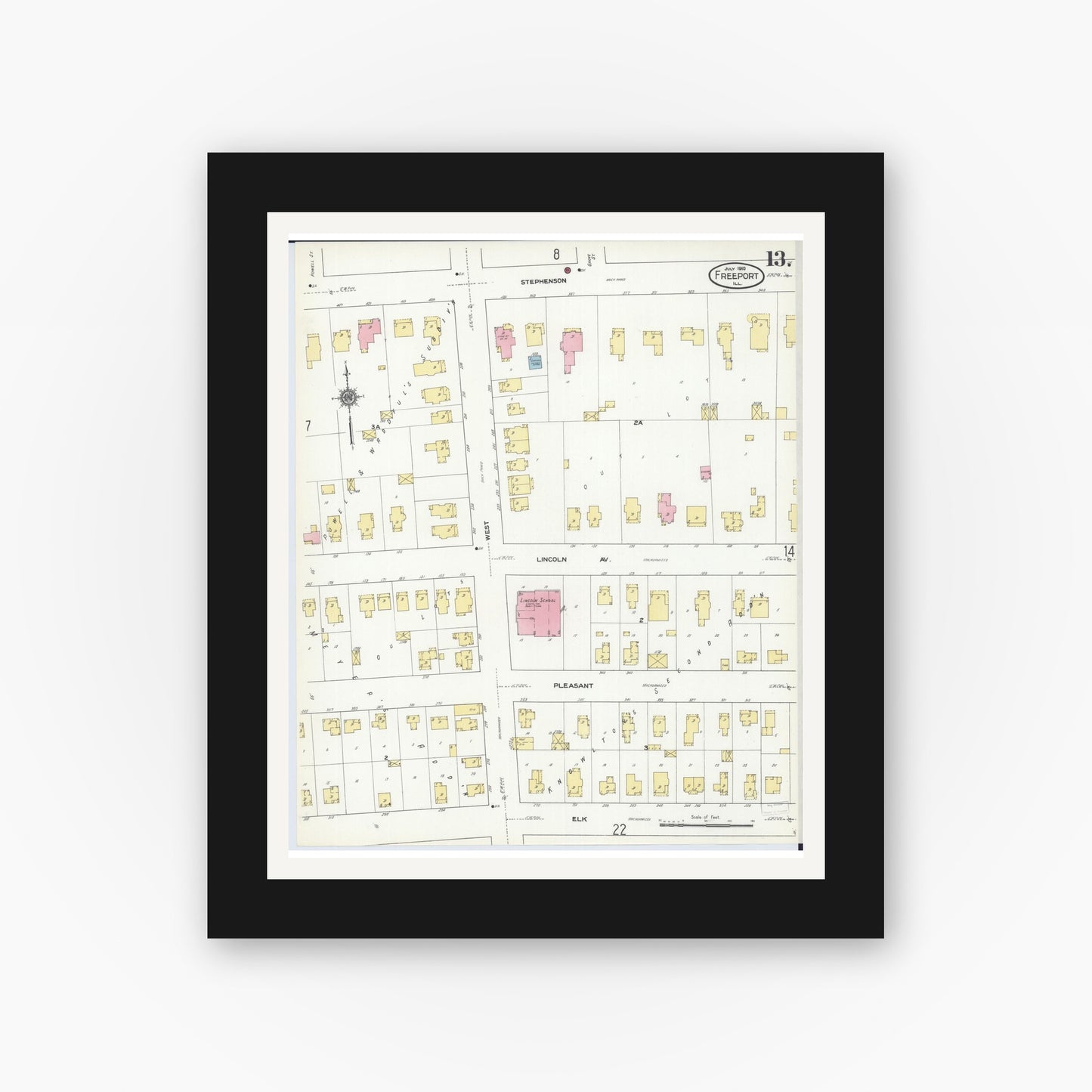 Old map wall art mockup — black gallery frame with white mat — Sanborn Fire Insurance Map from Freeport, Stephenson County, Illinois (1910), Sheet #0013