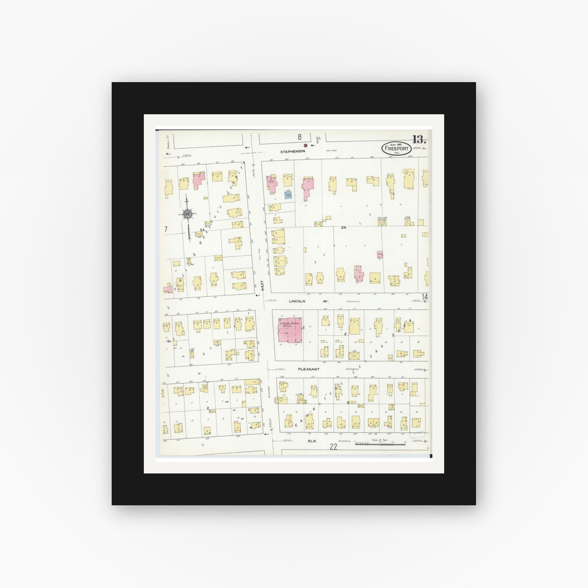 Old map wall art mockup — black gallery frame with white mat — Sanborn Fire Insurance Map from Freeport, Stephenson County, Illinois (1910), Sheet #0013