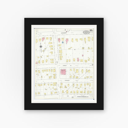 Old map wall art mockup — black gallery frame with white mat — Sanborn Fire Insurance Map from Freeport, Stephenson County, Illinois (1910), Sheet #0013