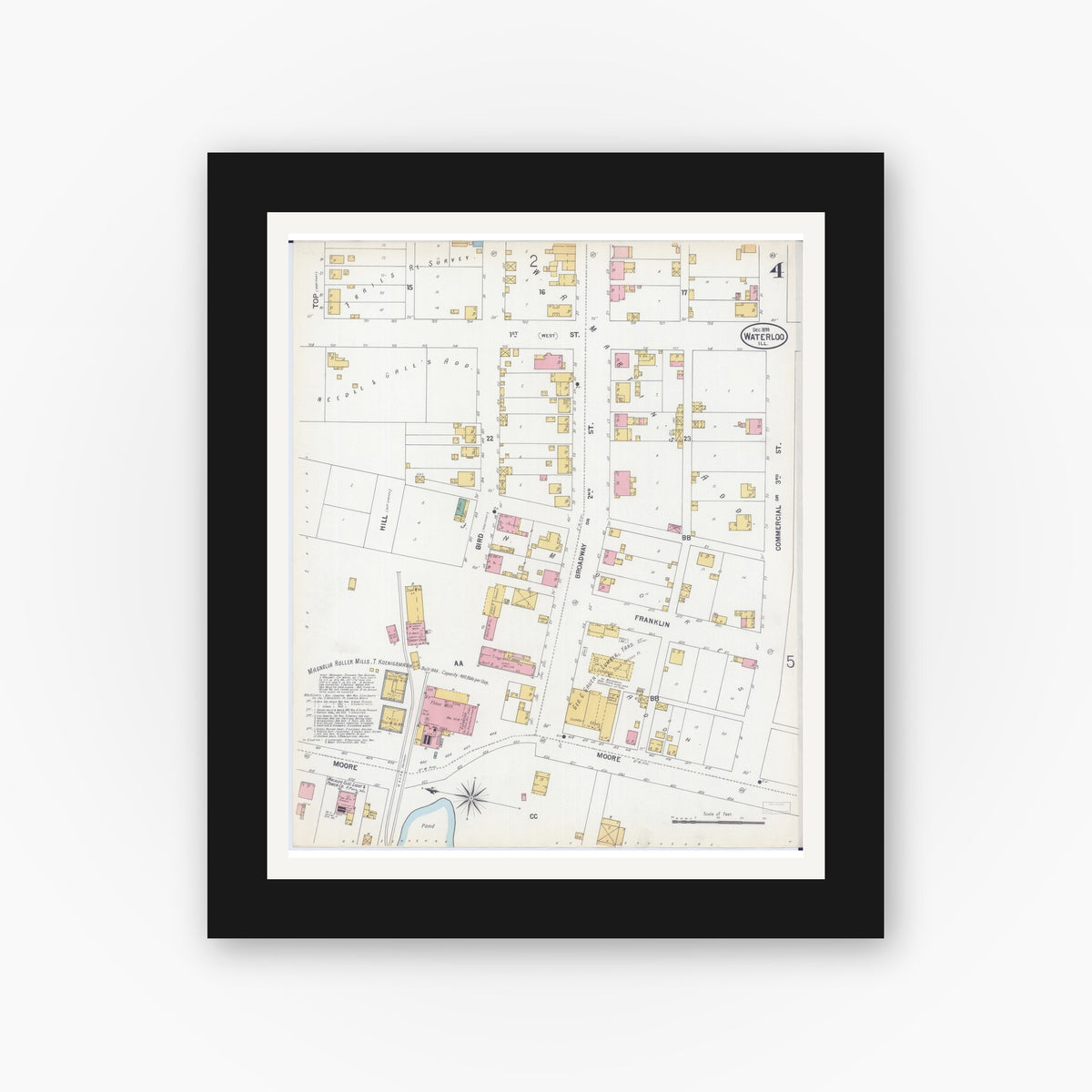 Old map wall art mockup — black gallery frame with white mat — Sanborn Fire Insurance Map from Waterloo, Monroe County, Illinois (1899), Sheet #0004