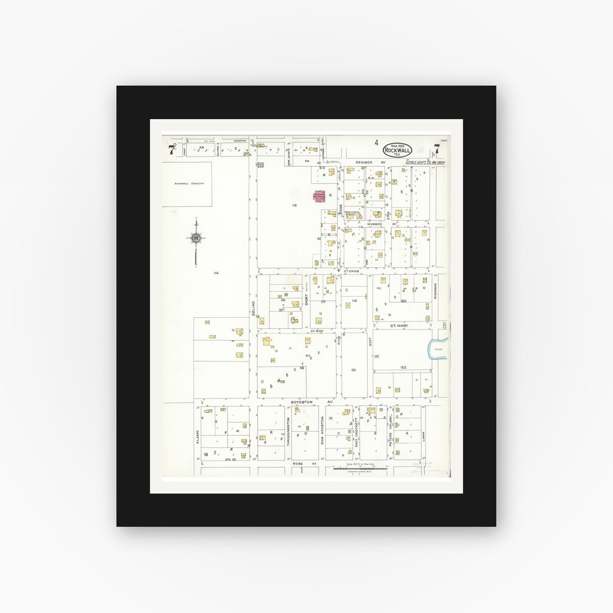 Old map wall art mockup — black gallery frame with white mat — Sanborn Fire Insurance Map from Rockwall, Rockwall County, Texas (1923), Sheet #0007