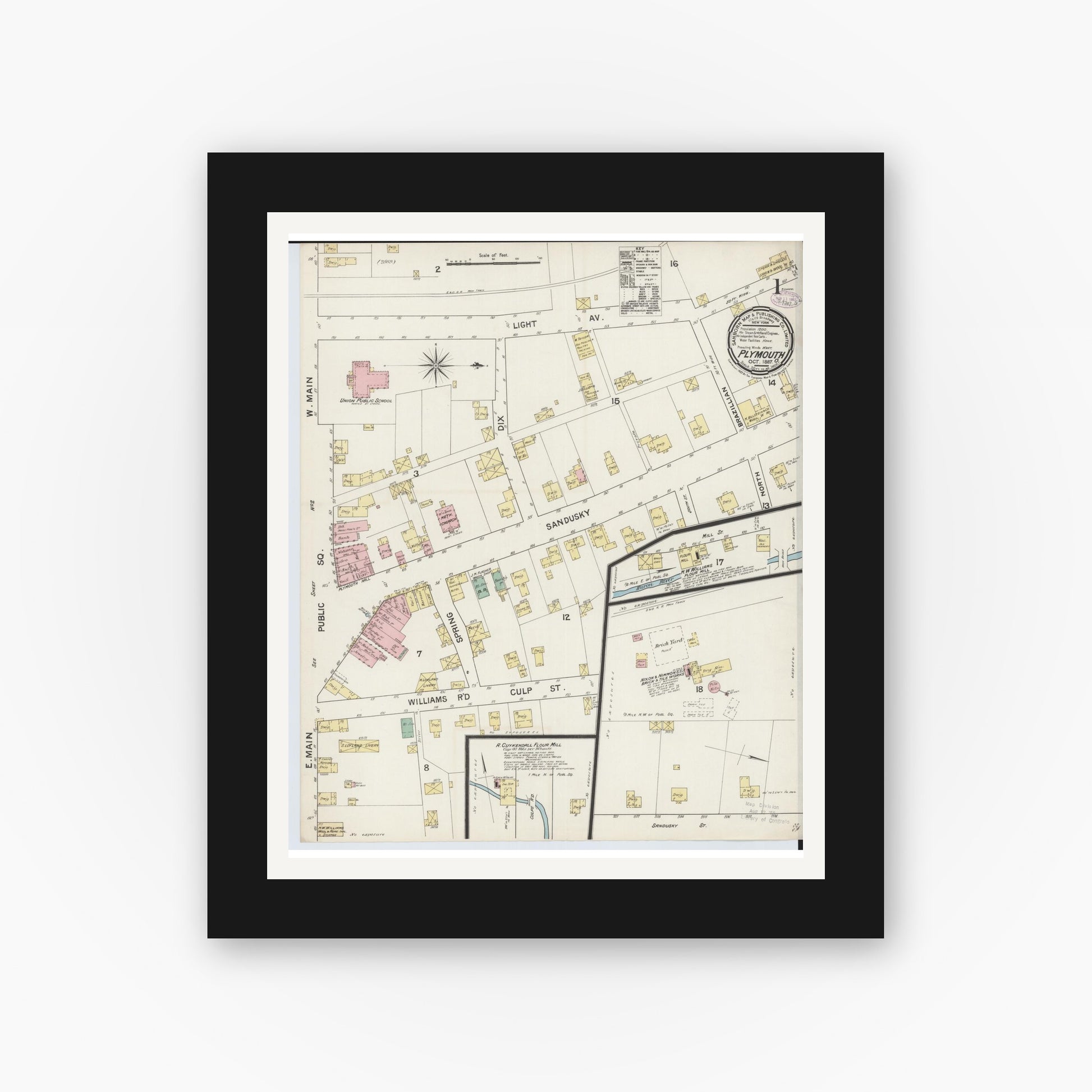 Old map wall art mockup — black gallery frame with white mat — Sanborn Fire Insurance Map from Plymouth, Huron And Richland Counties, Ohio (1887), Sheet #0001