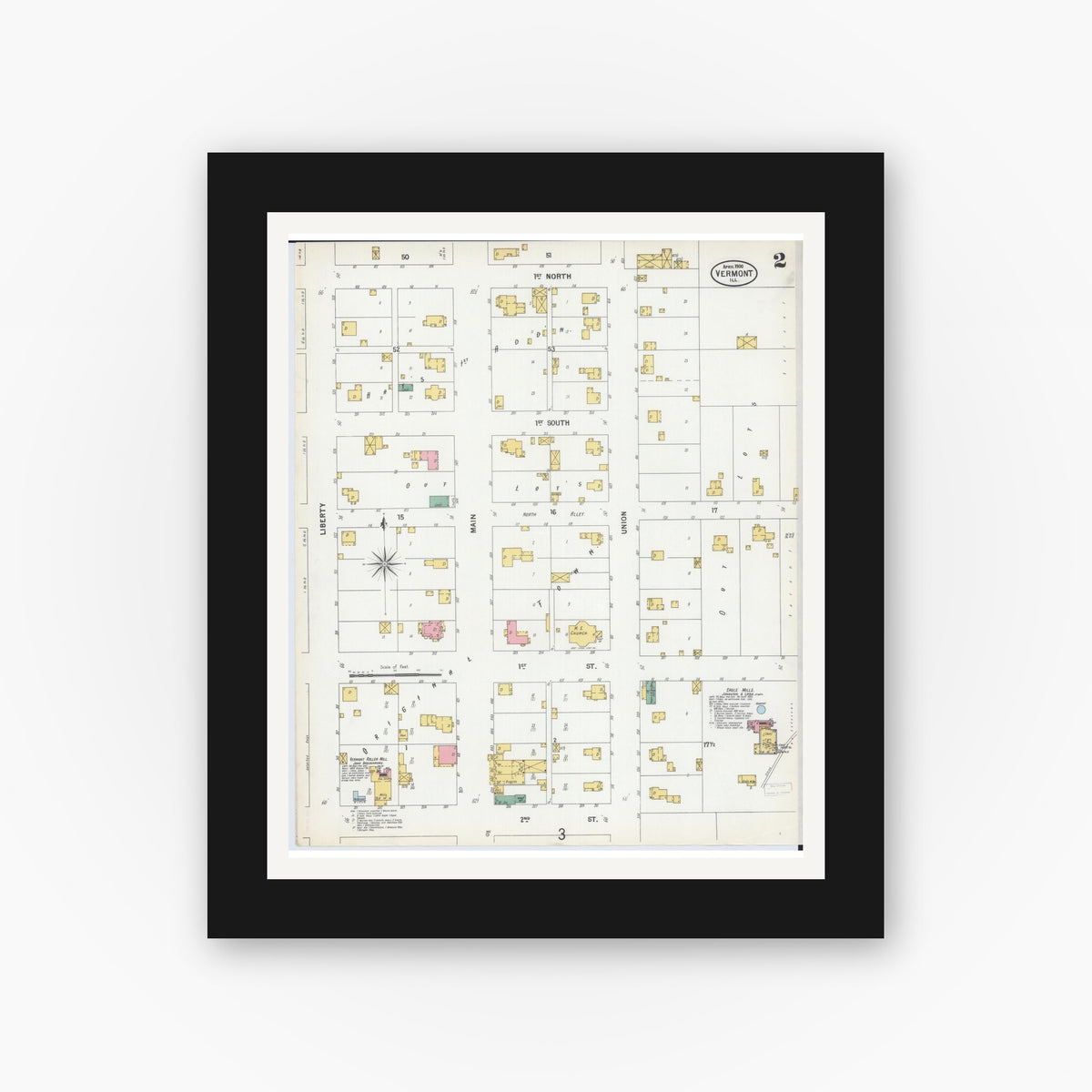 Old map wall art mockup — black gallery frame with white mat — Sanborn Fire Insurance Map from Vermont, Fulton County, Illinois (1900), Sheet #0002