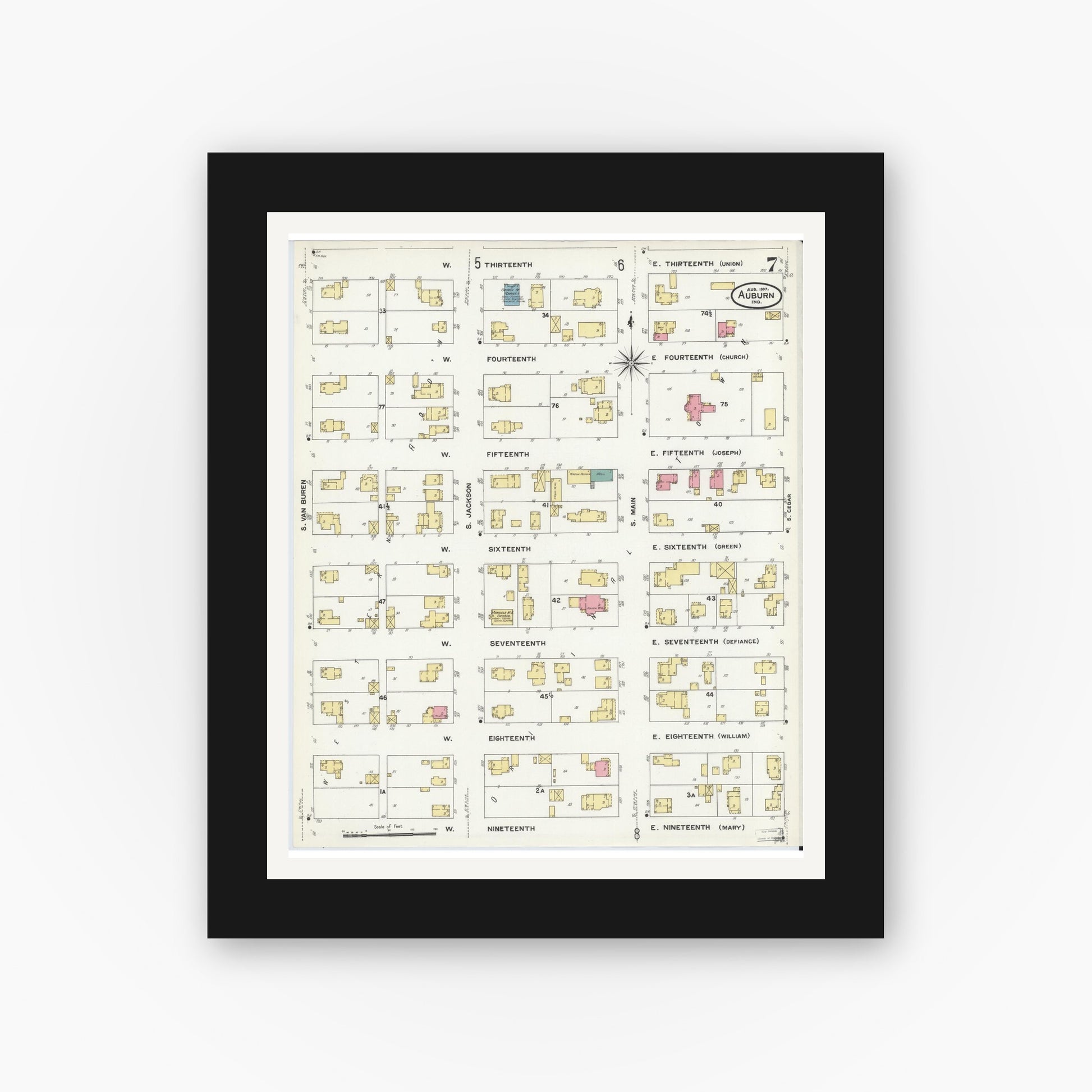 Old map wall art mockup — black gallery frame with white mat — Sanborn Fire Insurance Map from Auburn, De Kalb County, Indiana (1907), Sheet #0007