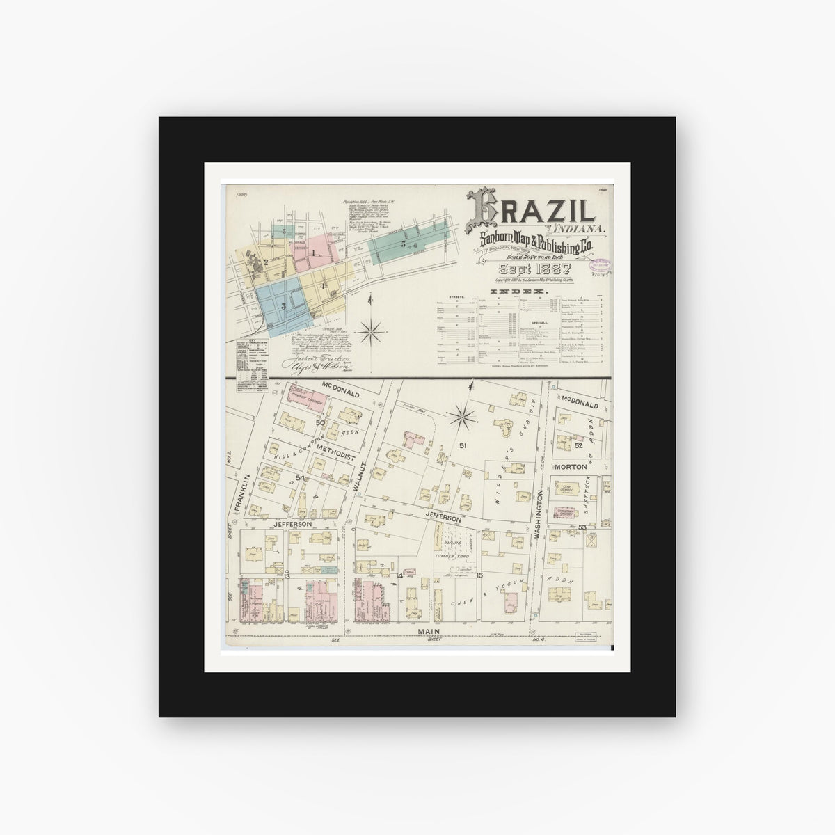 Old map wall art mockup — black gallery frame with white mat — Sanborn Fire Insurance Map from Brazil, Clay County, Indiana (1887) - Complete Map Set