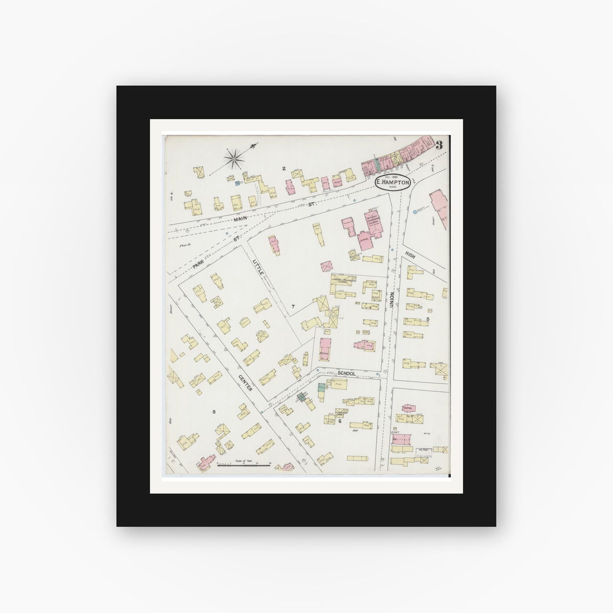 Old map wall art mockup — black gallery frame with white mat — Sanborn Fire Insurance Map from East Hampton, Hampshire County, Massachusetts (1889), Sheet #0003