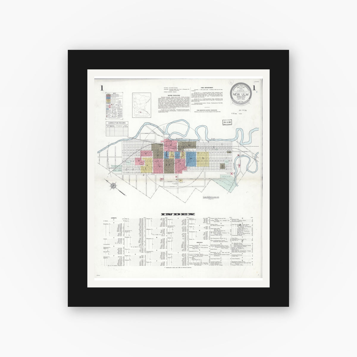Old map wall art mockup — black gallery frame with white mat — Sanborn Fire Insurance Map from New Ulm, Brown County, Minnesota (1935) - Complete Map Set