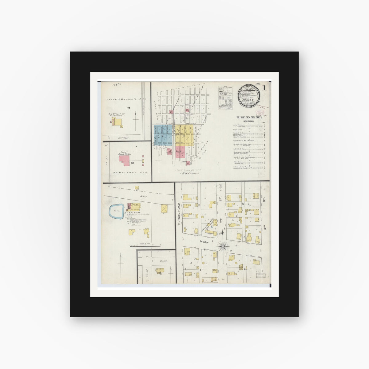 Old map wall art mockup — black gallery frame with white mat — Sanborn Fire Insurance Map from Ashley, Washington County, Illinois (1894), Sheet #0001