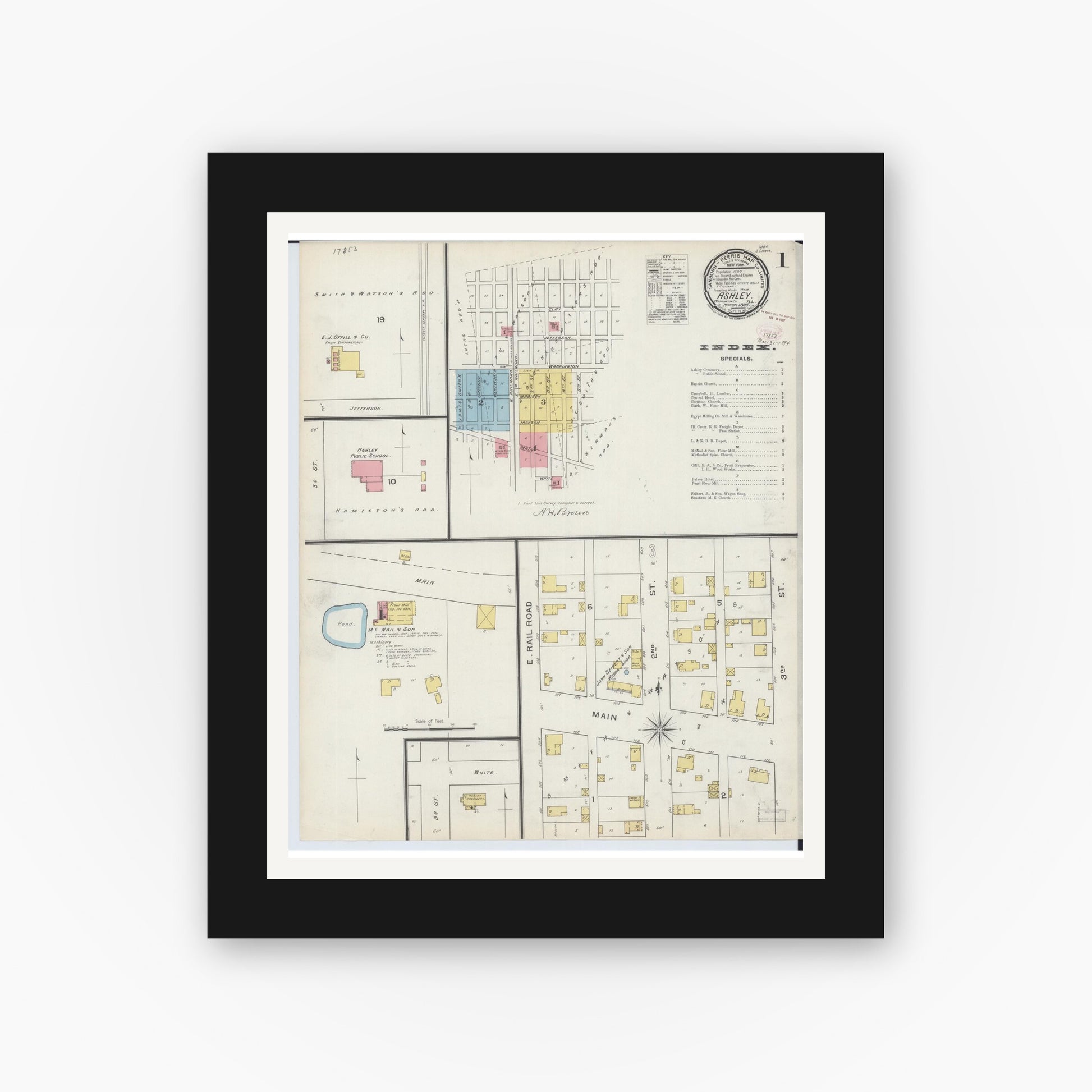 Old map wall art mockup — black gallery frame with white mat — Sanborn Fire Insurance Map from Ashley, Washington County, Illinois (1894), Sheet #0001