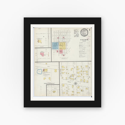 Old map wall art mockup — black gallery frame with white mat — Sanborn Fire Insurance Map from Ashley, Washington County, Illinois (1894), Sheet #0001