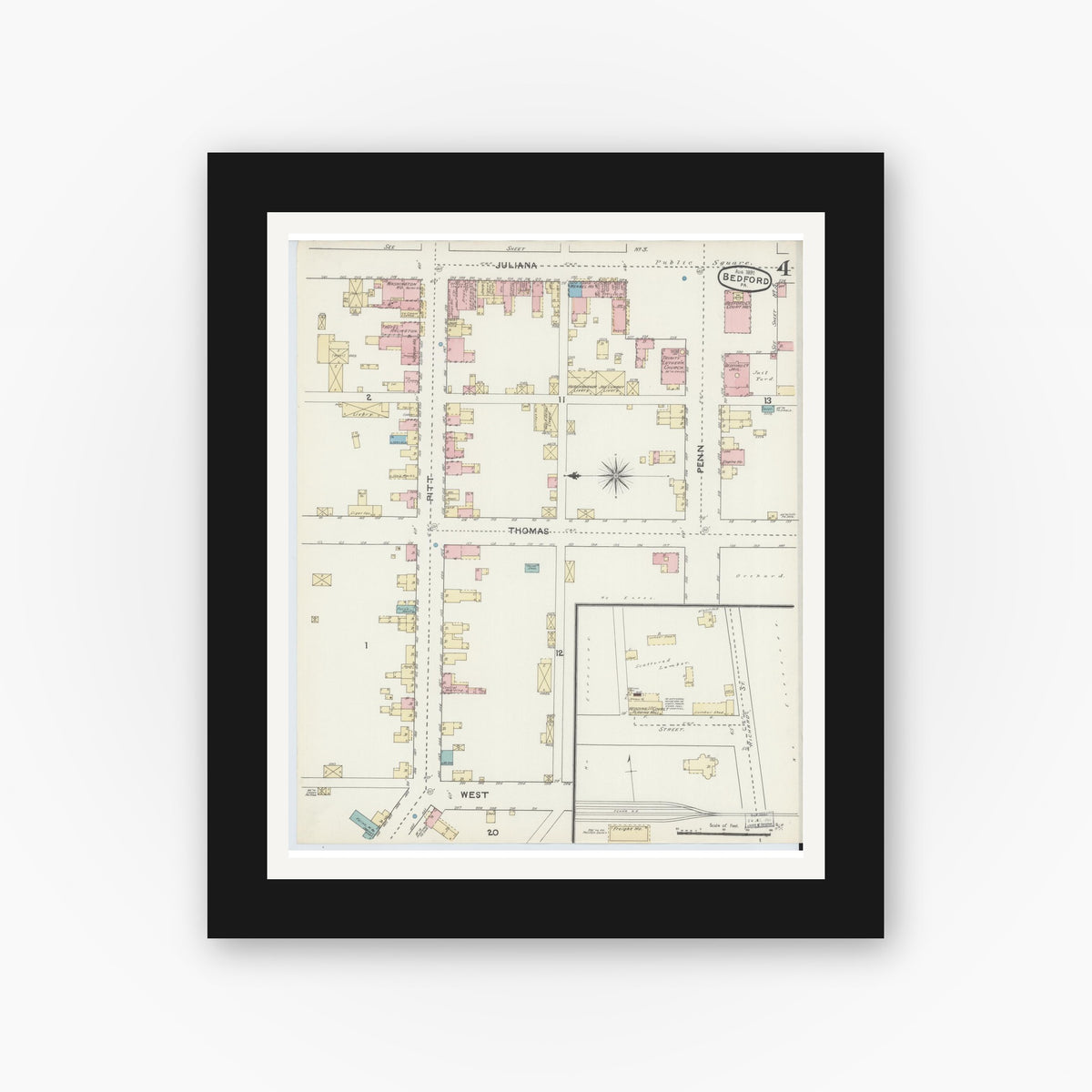 Old map wall art mockup — black gallery frame with white mat — Sanborn Fire Insurance Map from Bedford, Bedford County, Pennsylvania (1891), Sheet #0004