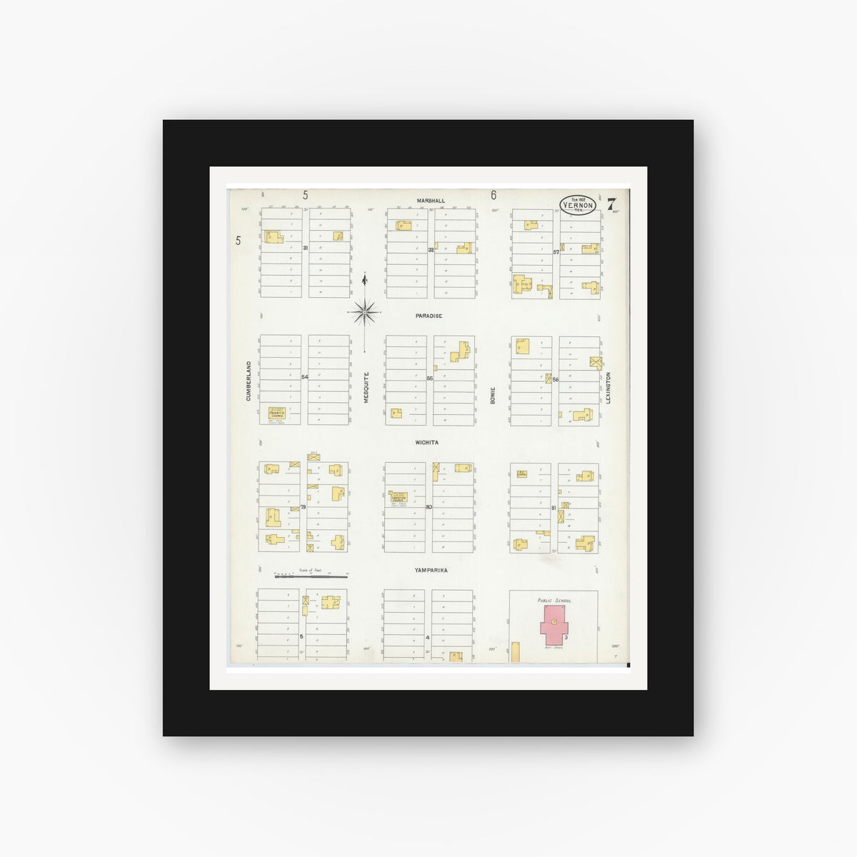 Old map wall art mockup — black gallery frame with white mat — Sanborn Fire Insurance Map from Vernon, Wilbarger County, Texas (1902), Sheet #0007