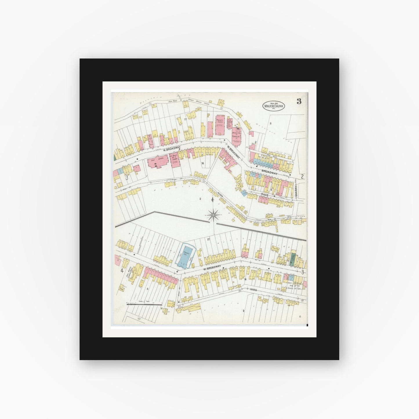 Old map wall art mockup — black gallery frame with white mat — Sanborn Fire Insurance Map from Mauch Chunk, Carbon County, Pennsylvania (1902), Sheet #0003