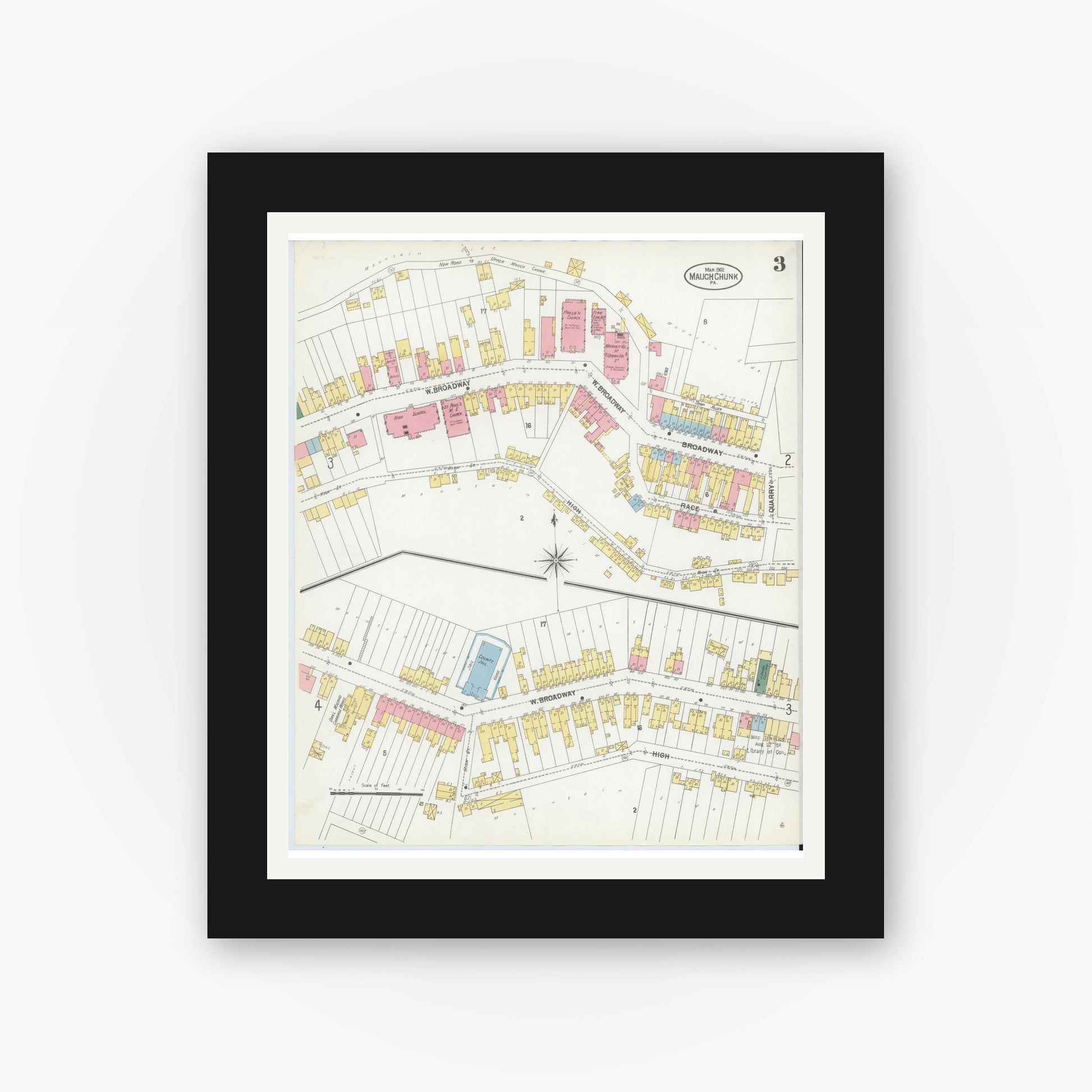 Old map wall art mockup — black gallery frame with white mat — Sanborn Fire Insurance Map from Mauch Chunk, Carbon County, Pennsylvania (1902), Sheet #0003