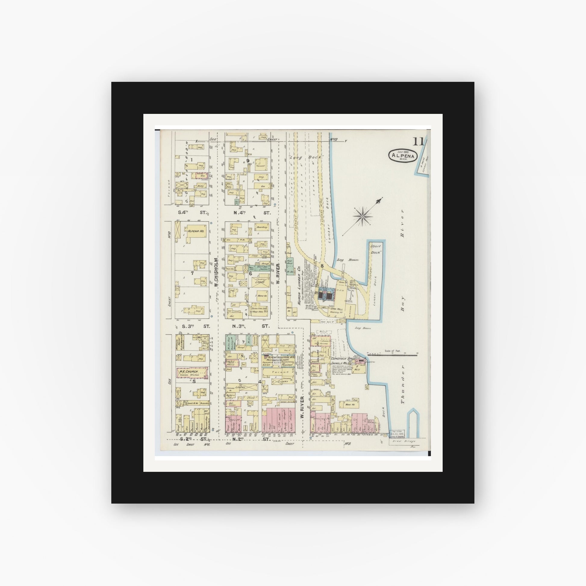 Old map wall art mockup — black gallery frame with white mat — Sanborn Fire Insurance Map from Alpena, Alpena County, Michigan (1890), Sheet #0011