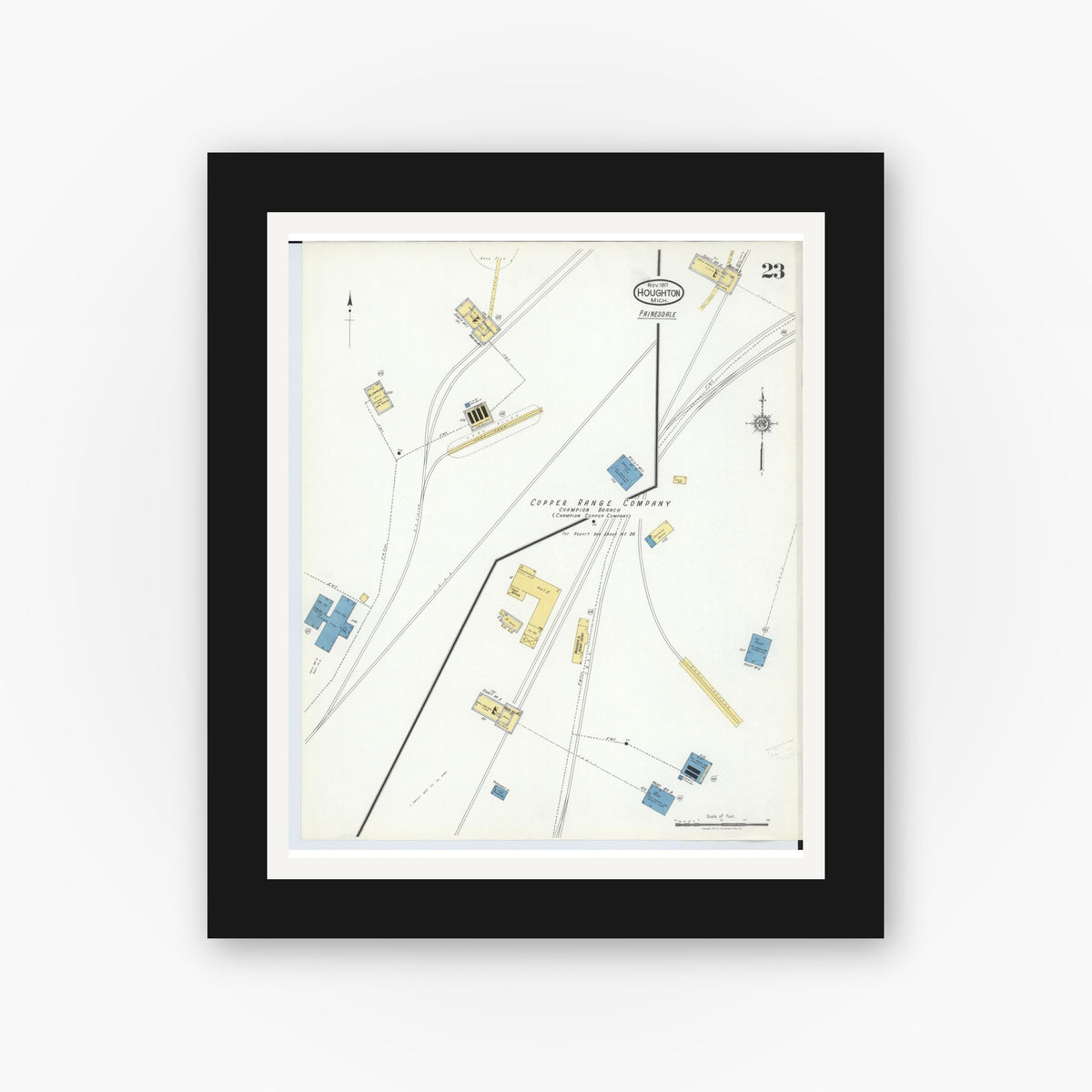 Old map wall art mockup — black gallery frame with white mat — Sanborn Fire Insurance Map from Houghton, Houghton County, Michigan (1917), Sheet #0023