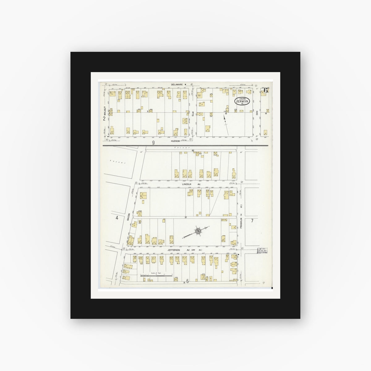 Old map wall art mockup — black gallery frame with white mat — Sanborn Fire Insurance Map from Jermyn, Lackawanna County, Pennsylvania (1912), Sheet #0006