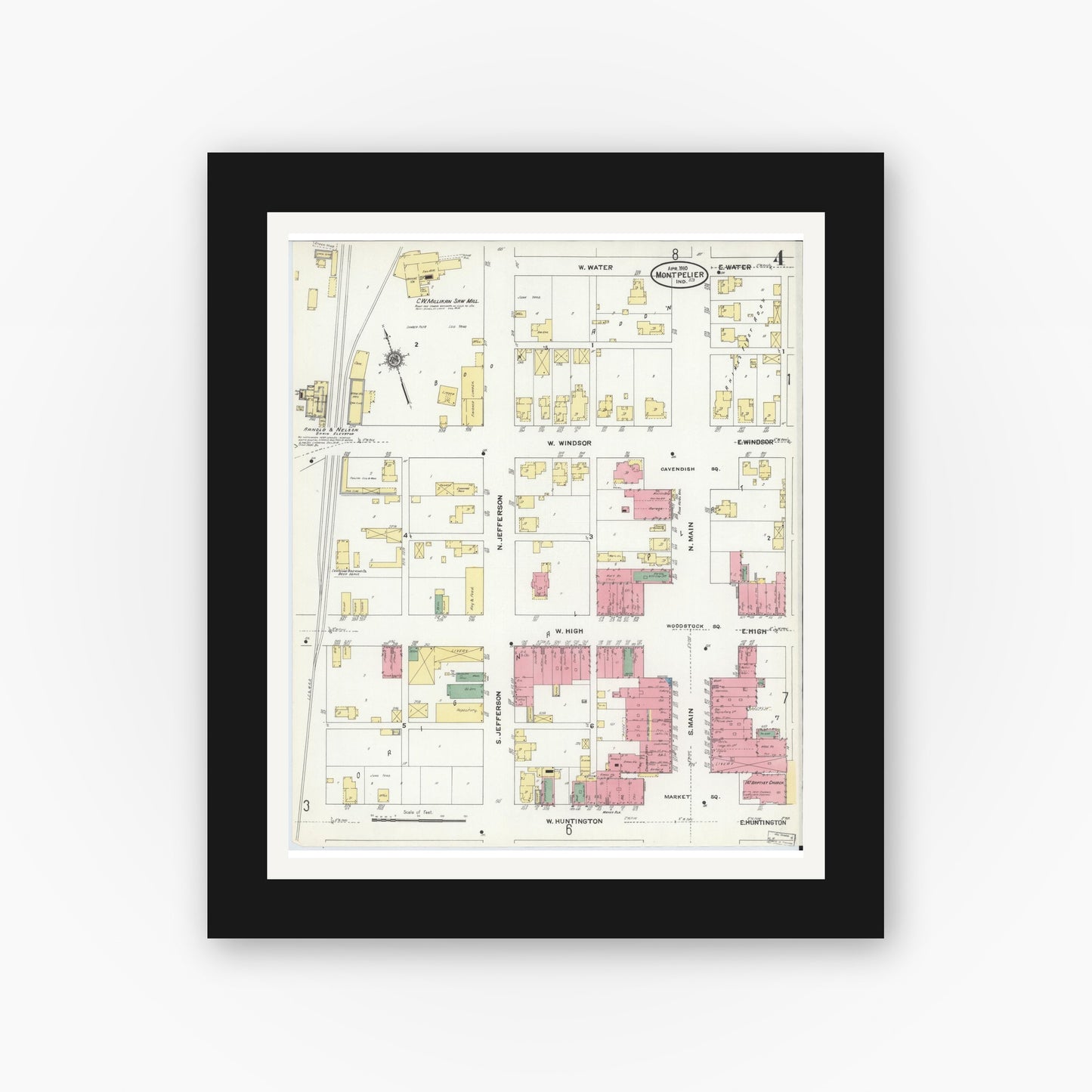 Old map wall art mockup — black gallery frame with white mat — Sanborn Fire Insurance Map from Montpelier, Blackford County, Indiana (1910), Sheet #0004