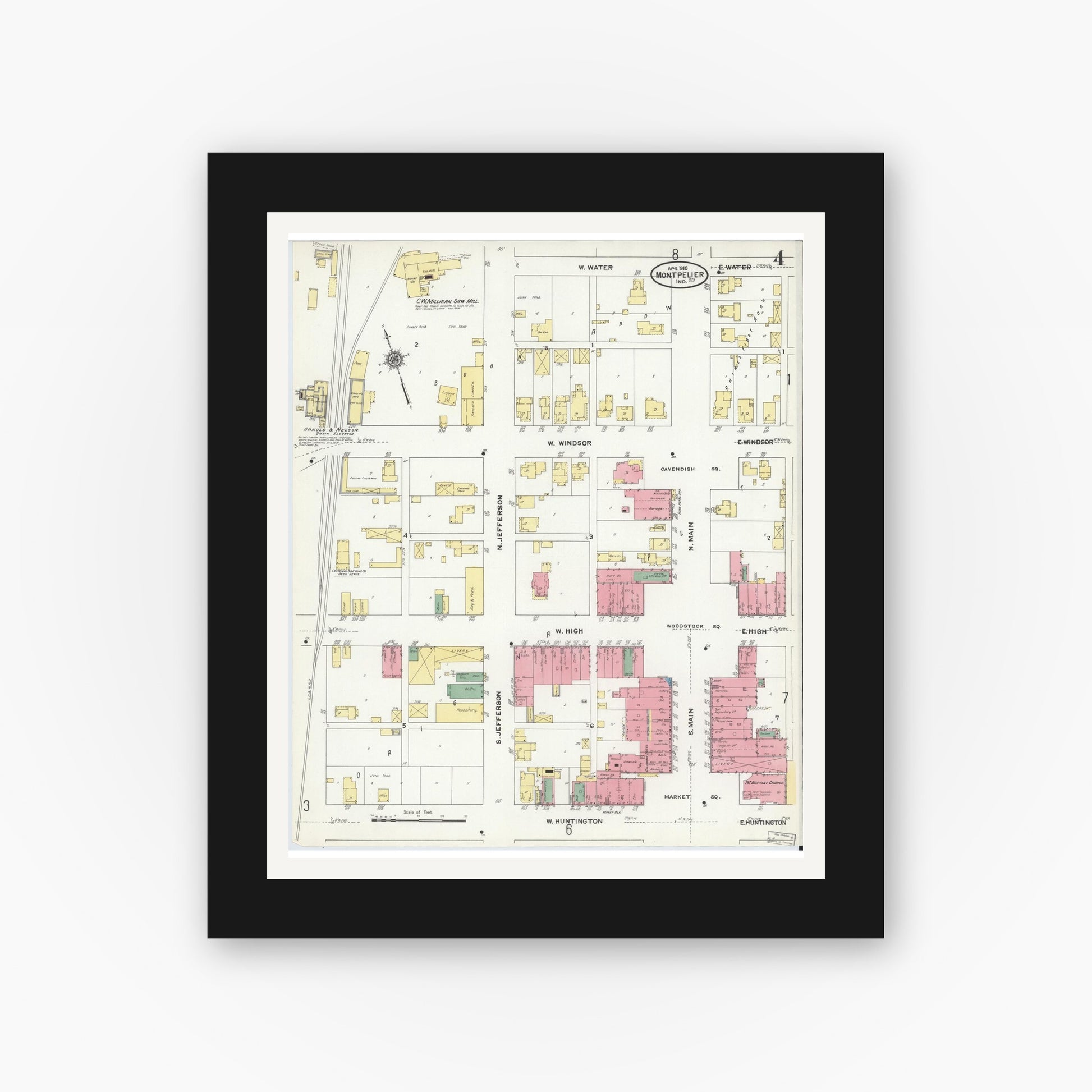 Old map wall art mockup — black gallery frame with white mat — Sanborn Fire Insurance Map from Montpelier, Blackford County, Indiana (1910), Sheet #0004