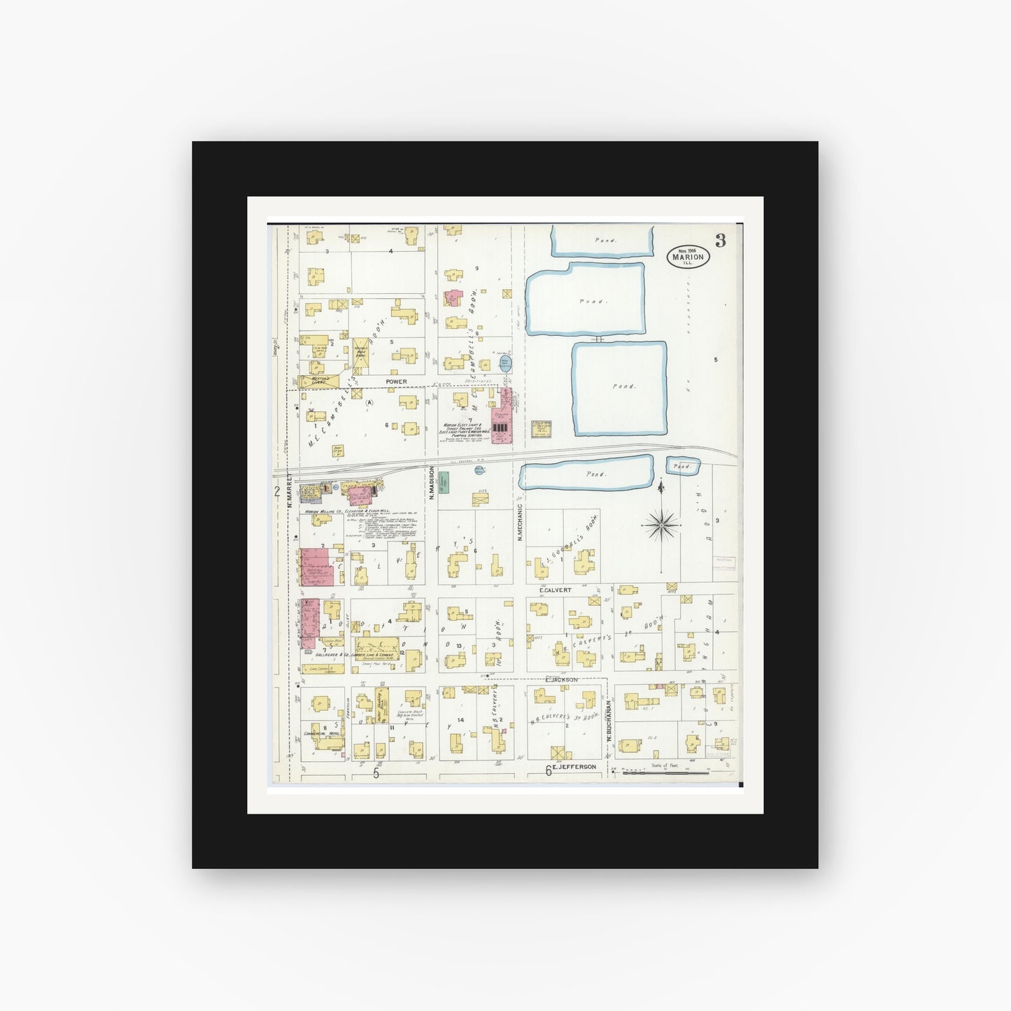 Old map wall art mockup — black gallery frame with white mat — Sanborn Fire Insurance Map from Marion, Williamson County, Illinois (1906), Sheet #0003