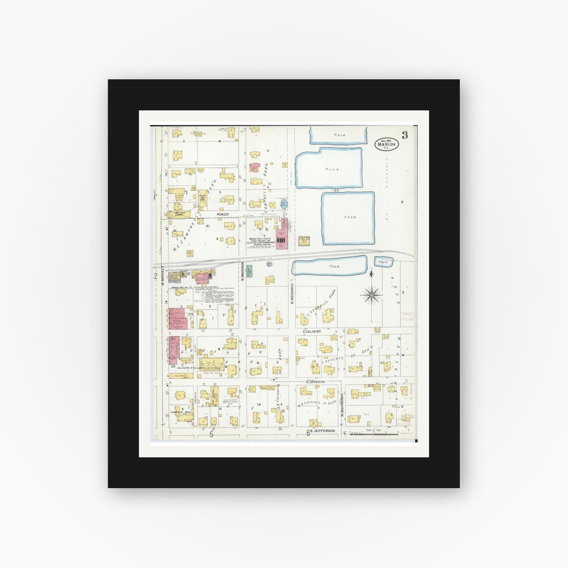 Old map wall art mockup — black gallery frame with white mat — Sanborn Fire Insurance Map from Marion, Williamson County, Illinois (1906), Sheet #0003