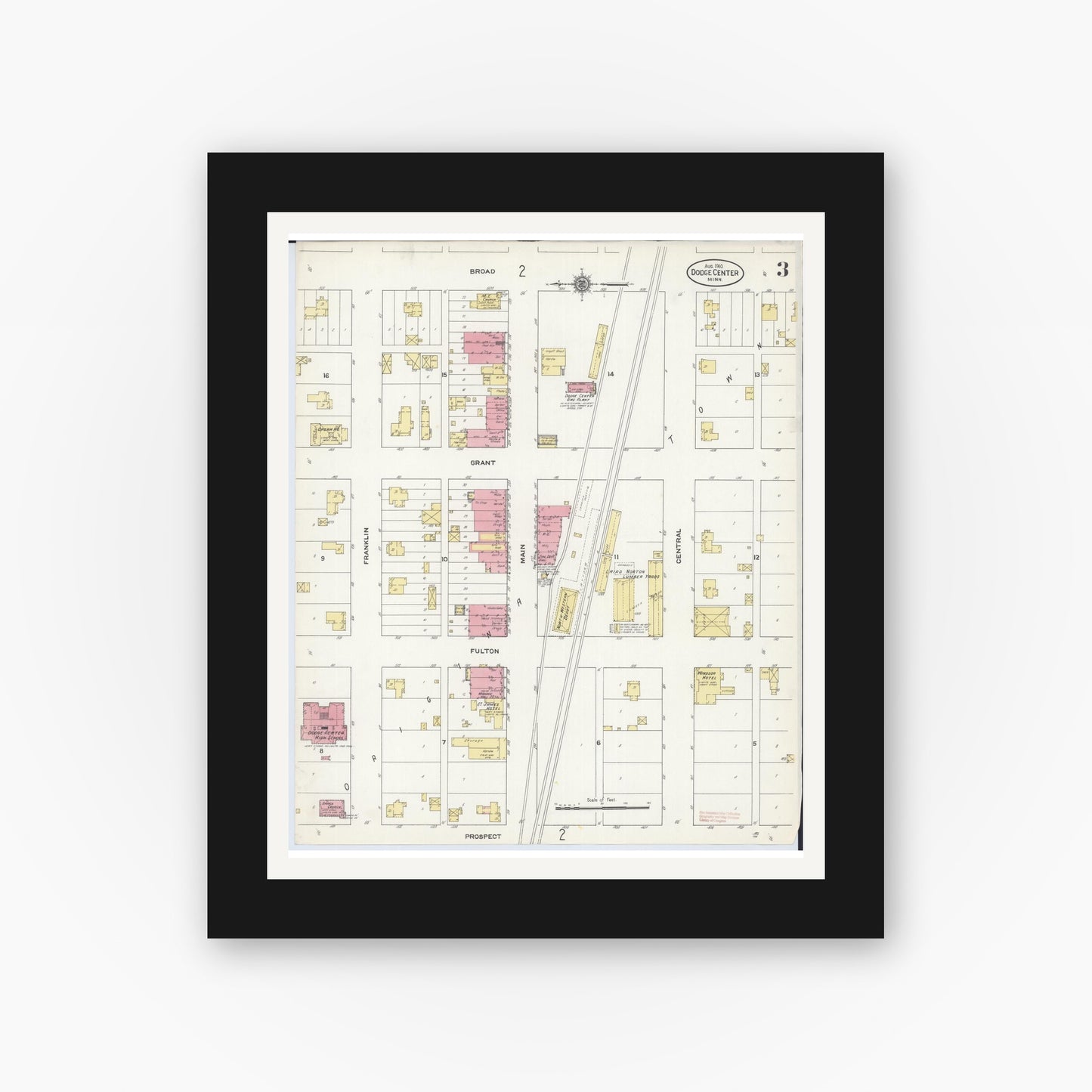 Old map wall art mockup — black gallery frame with white mat — Sanborn Fire Insurance Map from Dodge Center, Dodge County, Minnesota (1910), Sheet #0003