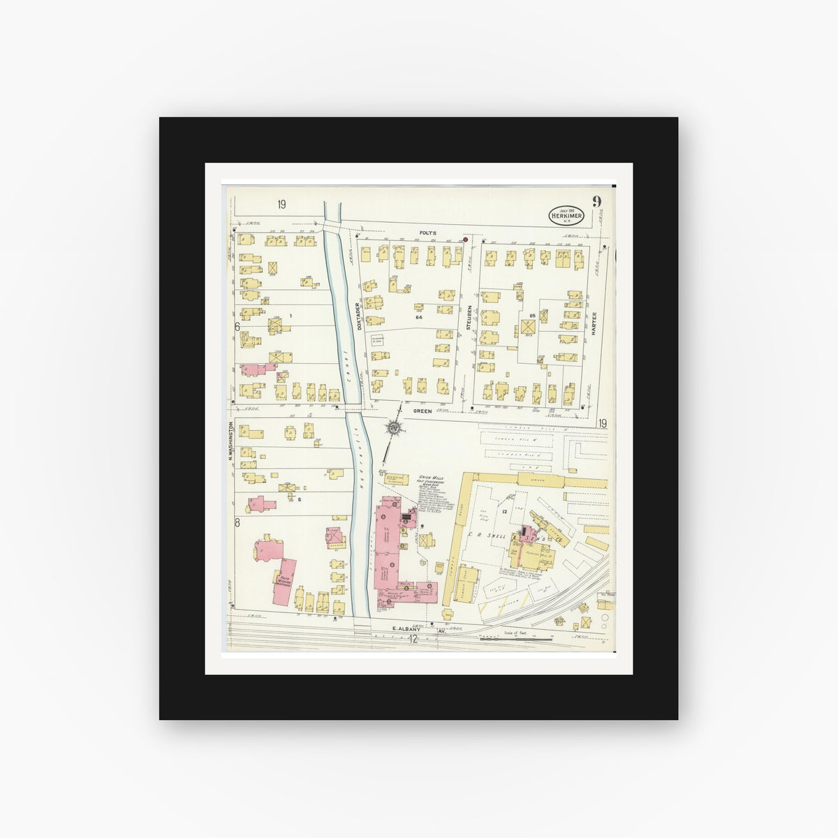 Old map wall art mockup — black gallery frame with white mat — Sanborn Fire Insurance Map from Herkimer, Herkimer County, New York (1911), Sheet #0009