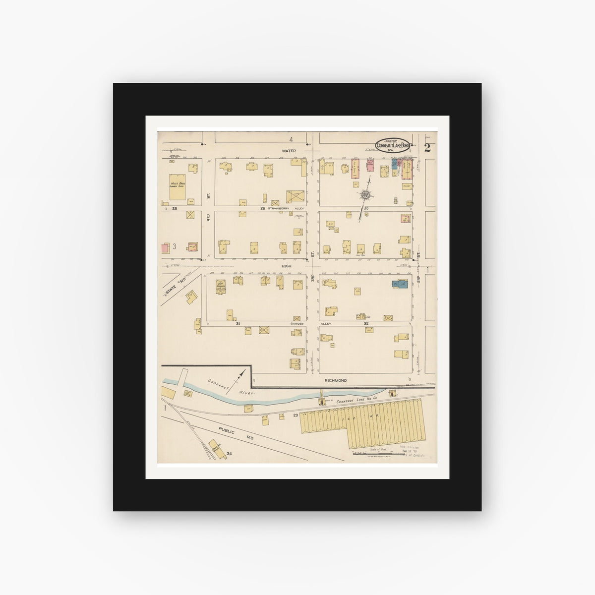 Old map wall art mockup — black gallery frame with white mat — Sanborn Fire Insurance Map from Conneaut Lake Borough, Crawford County, Pennsylvania (1922), Sheet #0002
