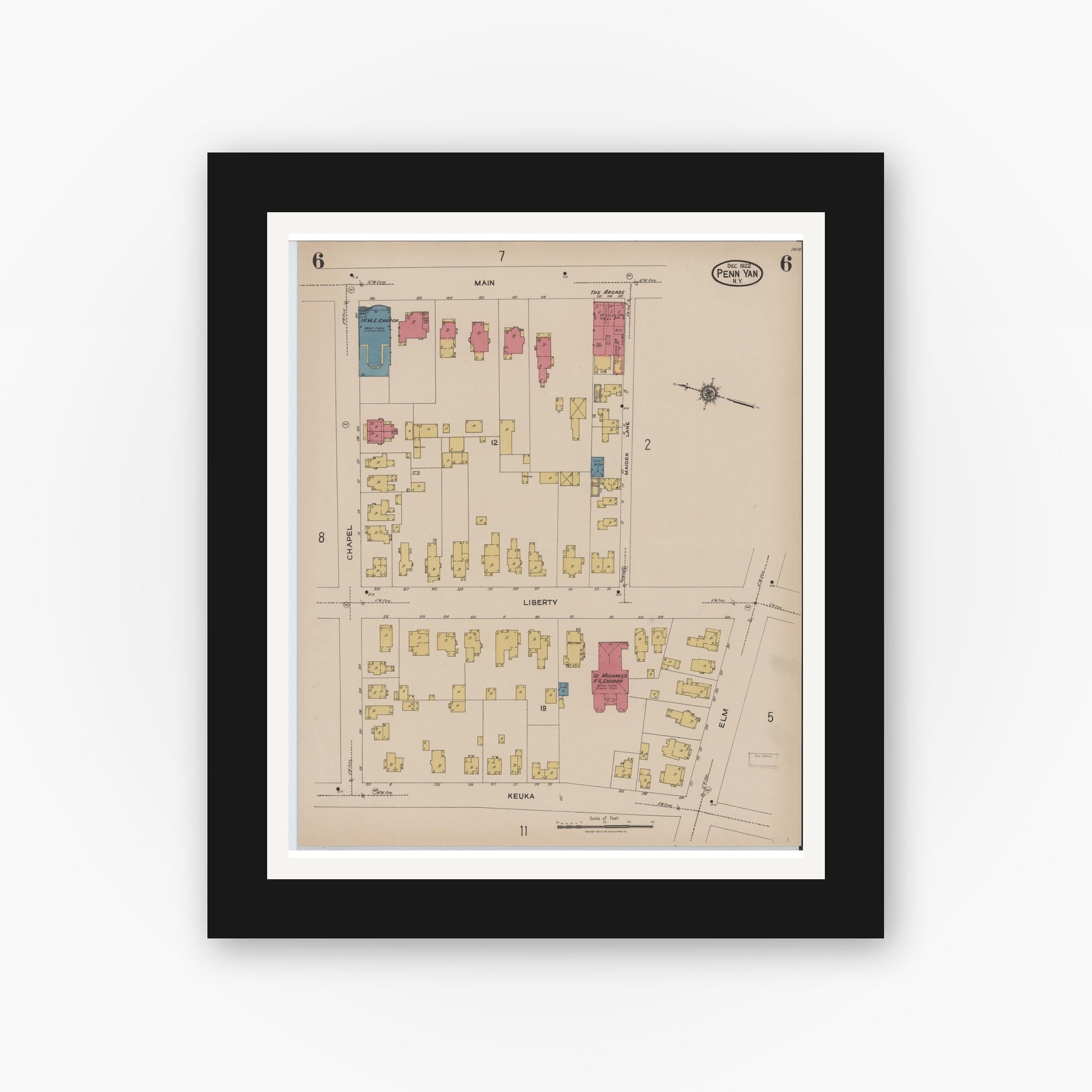 Old map wall art mockup — black gallery frame with white mat — Sanborn Fire Insurance Map from Penn Yan, Yates County, New York (1922), Sheet #0006