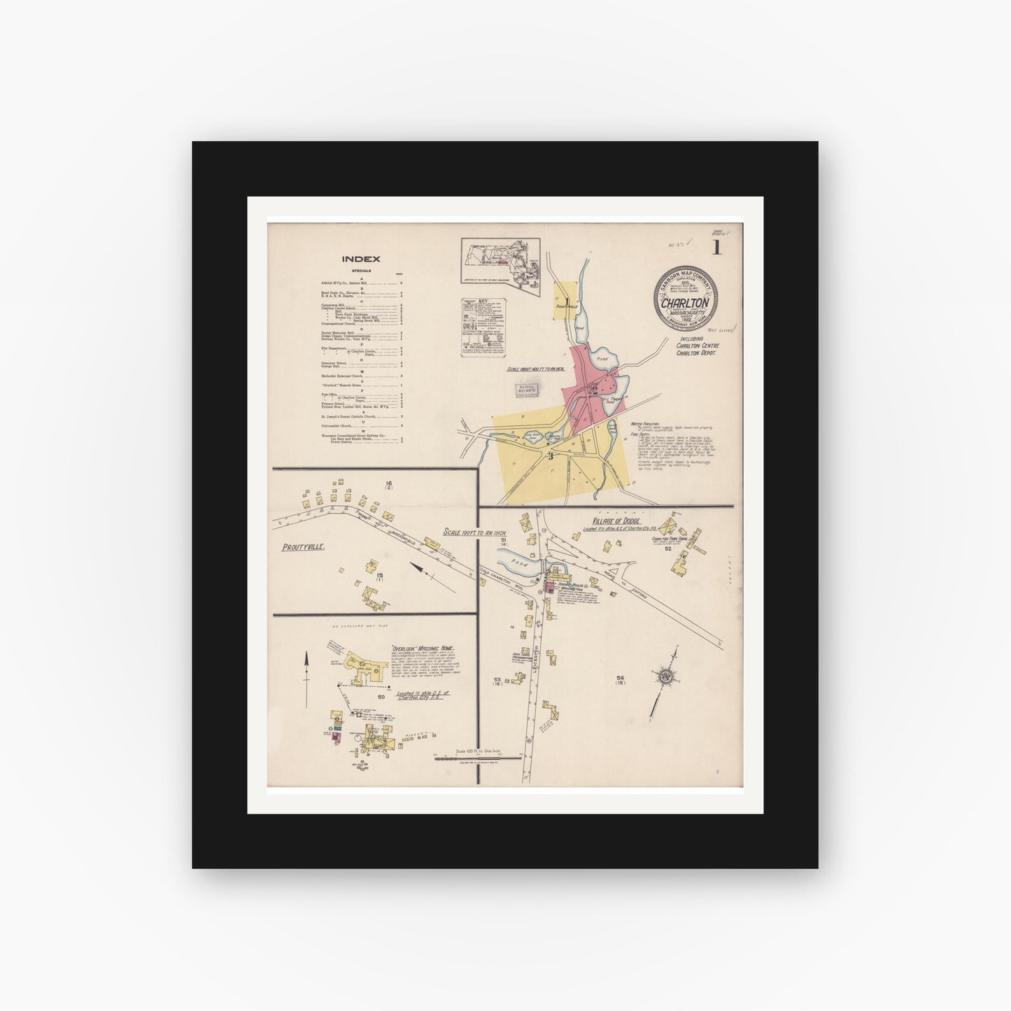 Old map wall art mockup — black gallery frame with white mat — Sanborn Fire Insurance Map from Charlton, Worcester County, Massachusetts (1922) - Complete Map Set