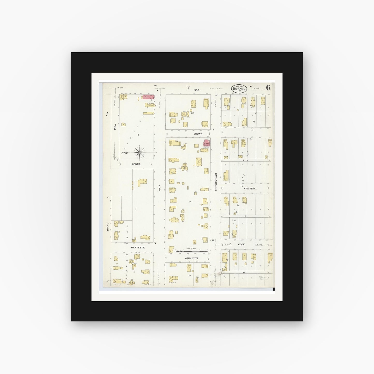 Old map wall art mockup — black gallery frame with white mat — Sanborn Fire Insurance Map from Durand, Shiawassee County, Michigan (1908), Sheet #0006