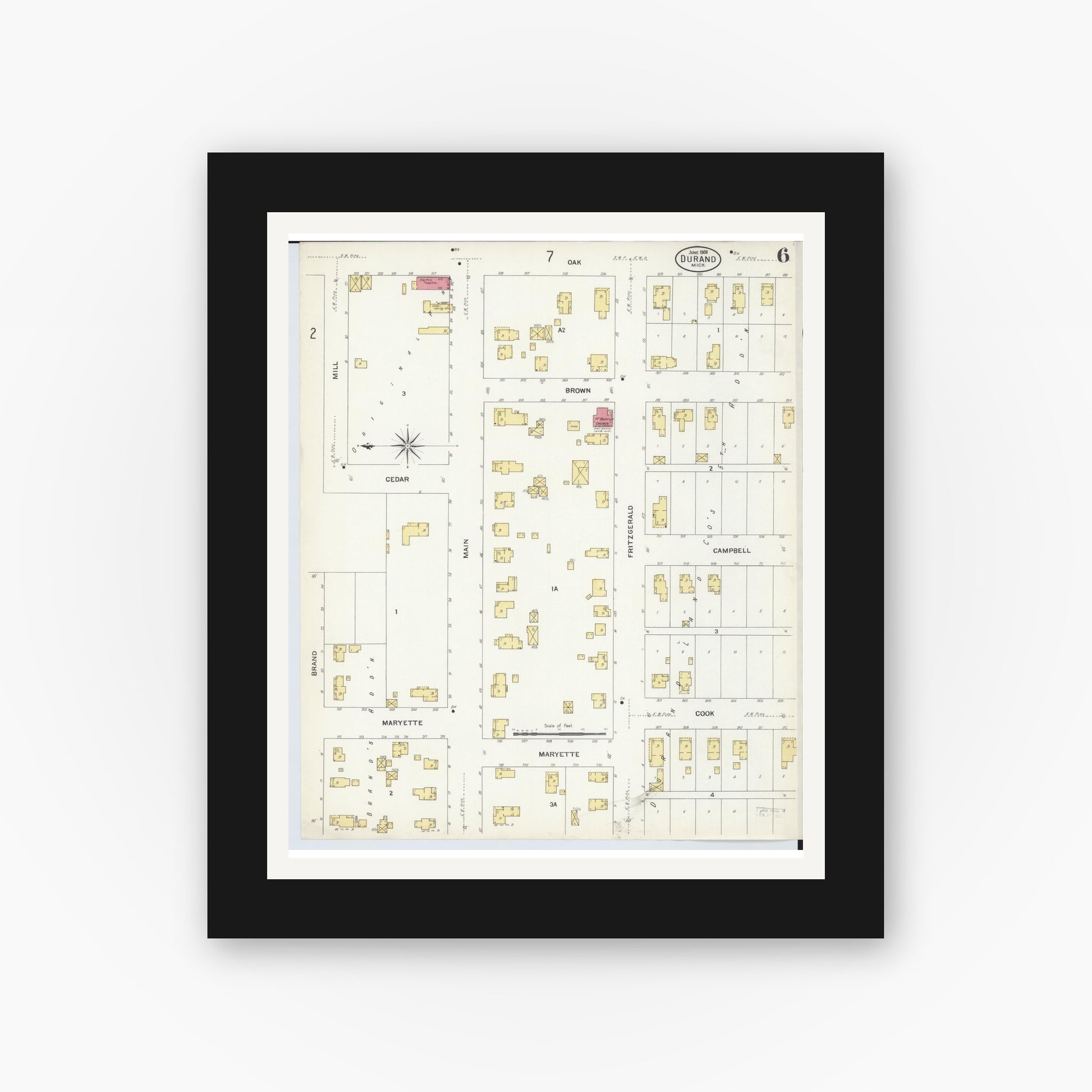 Old map wall art mockup — black gallery frame with white mat — Sanborn Fire Insurance Map from Durand, Shiawassee County, Michigan (1908), Sheet #0006
