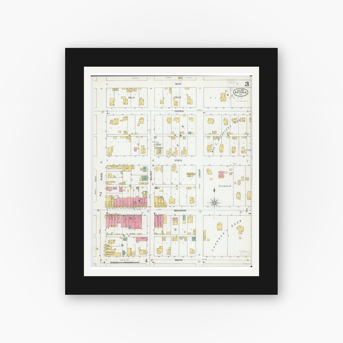Old map wall art mockup — black gallery frame with white mat — Sanborn Fire Insurance Map from Astoria, Fulton County, Illinois (1900), Sheet #0003
