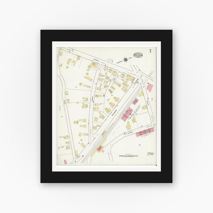 Old map wall art mockup — black gallery frame with white mat — Sanborn Fire Insurance Map from Methuen, Essex County, Massachusetts (1919), Sheet #0007