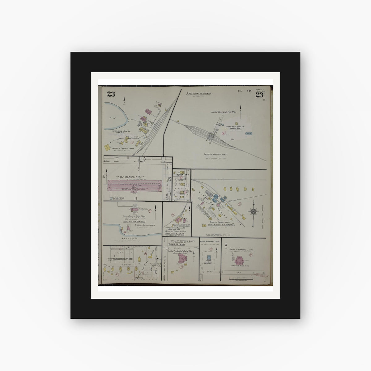 Old map wall art mockup — black gallery frame with white mat — Sanborn Fire Insurance Map from Herrin, Williamson County, Illinois (1947), Sheet #0023