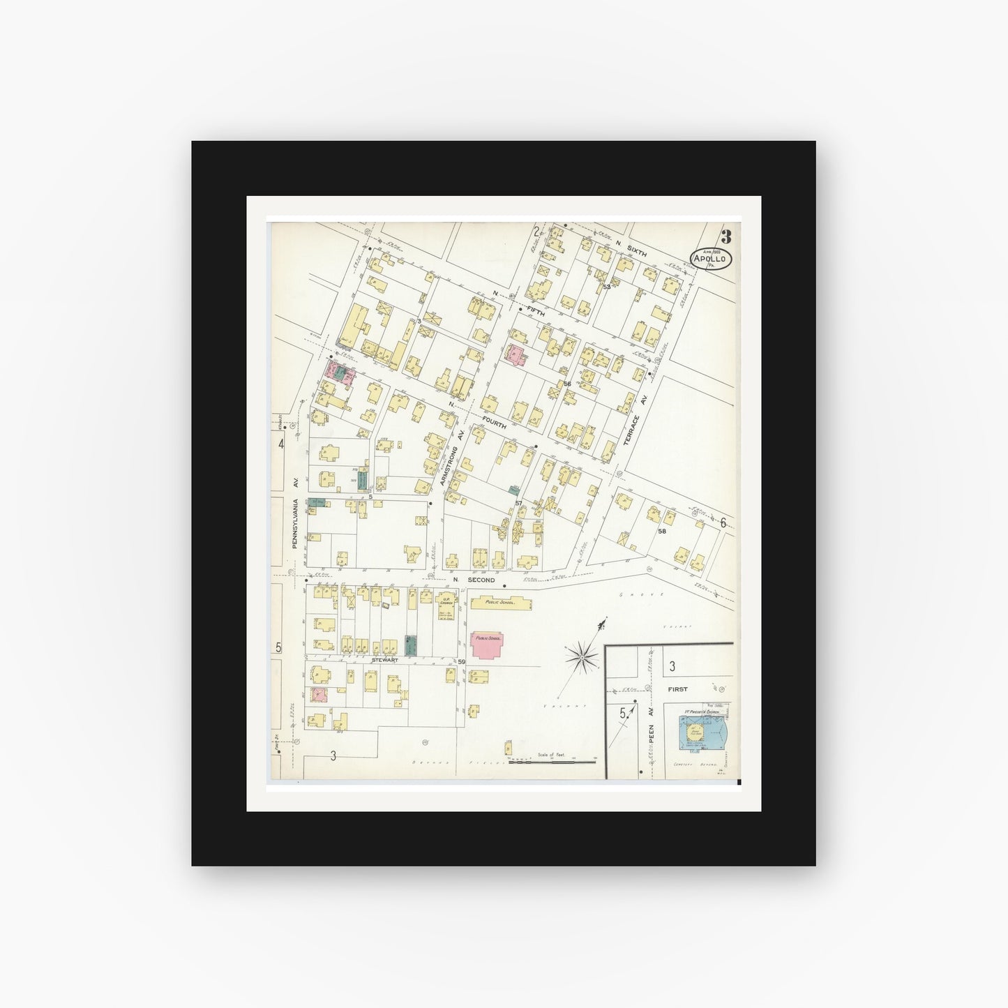 Old map wall art mockup — black gallery frame with white mat — Sanborn Fire Insurance Map from Apollo, Armstrong County, Pennsylvania (1909), Sheet #0003