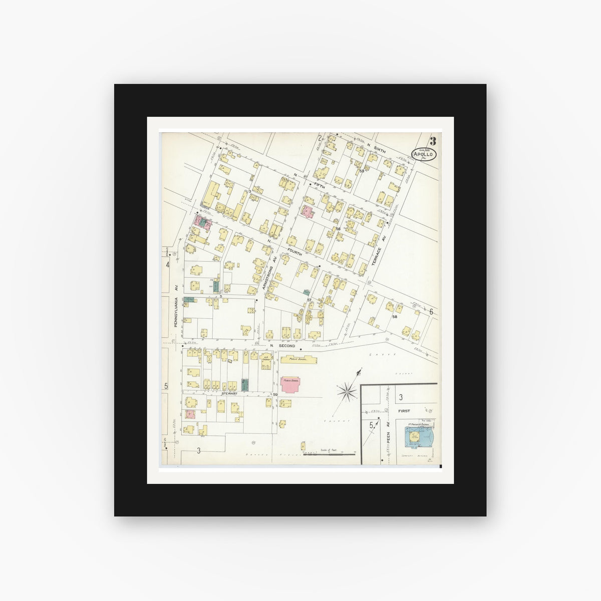 Old map wall art mockup — black gallery frame with white mat — Sanborn Fire Insurance Map from Apollo, Armstrong County, Pennsylvania (1909), Sheet #0003