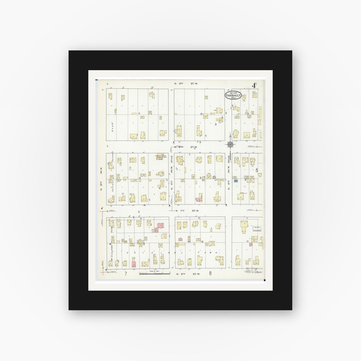 Old map wall art mockup — black gallery frame with white mat — Sanborn Fire Insurance Map from Faribault, Rice County, Minnesota (1914), Sheet #0004