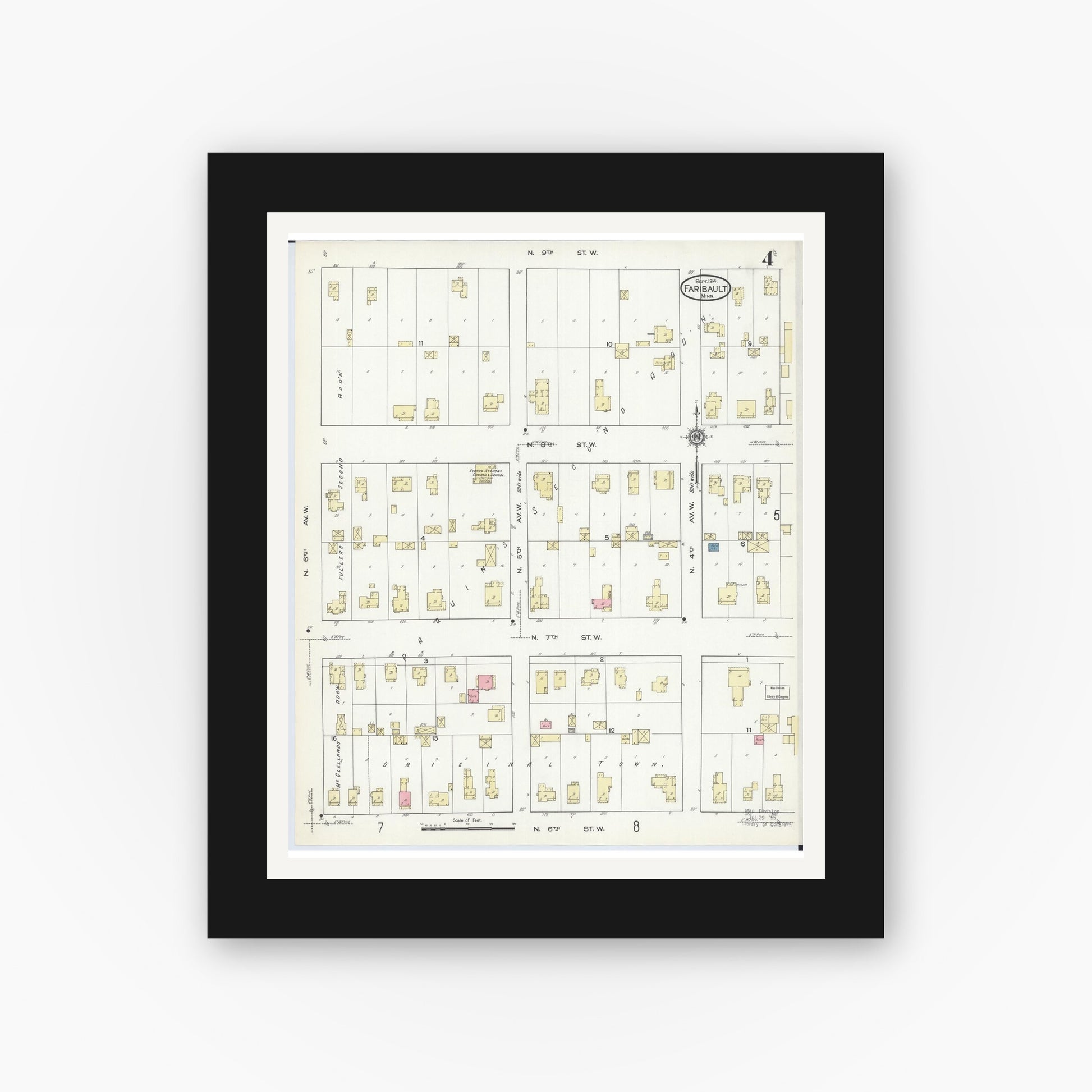 Old map wall art mockup — black gallery frame with white mat — Sanborn Fire Insurance Map from Faribault, Rice County, Minnesota (1914), Sheet #0004